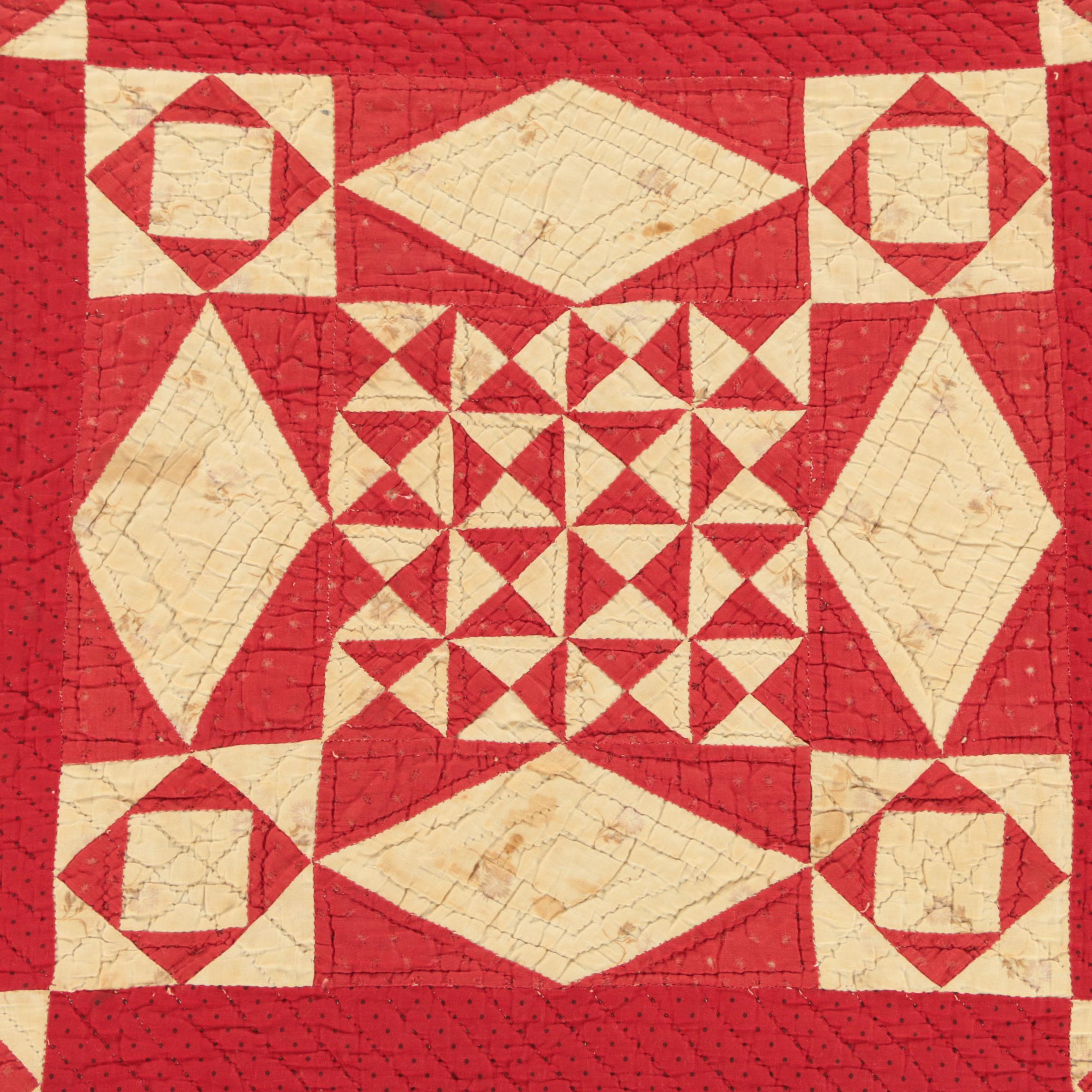 Antique Handmade Red And Cream Quilt