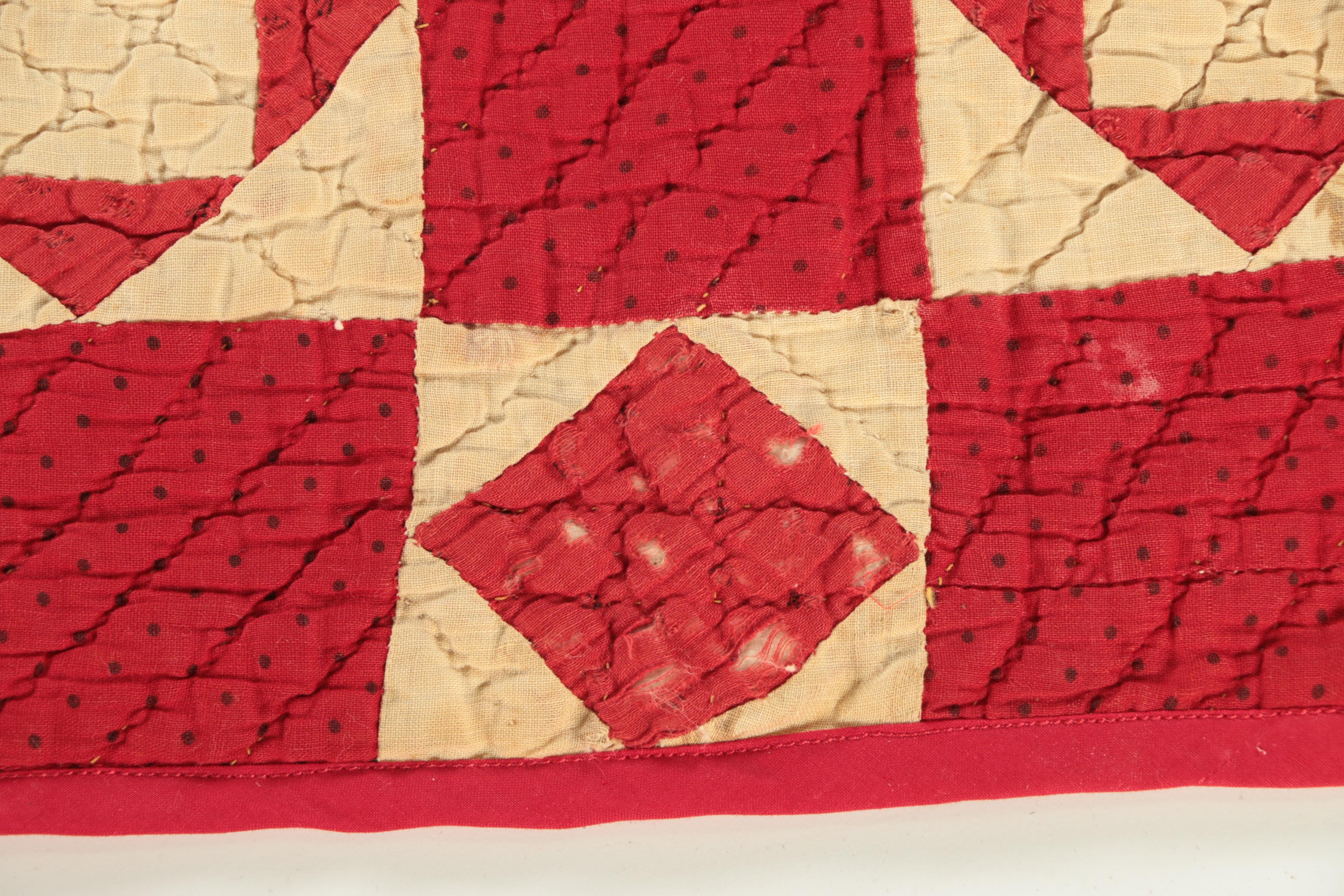 Antique Handmade Red And Cream Quilt