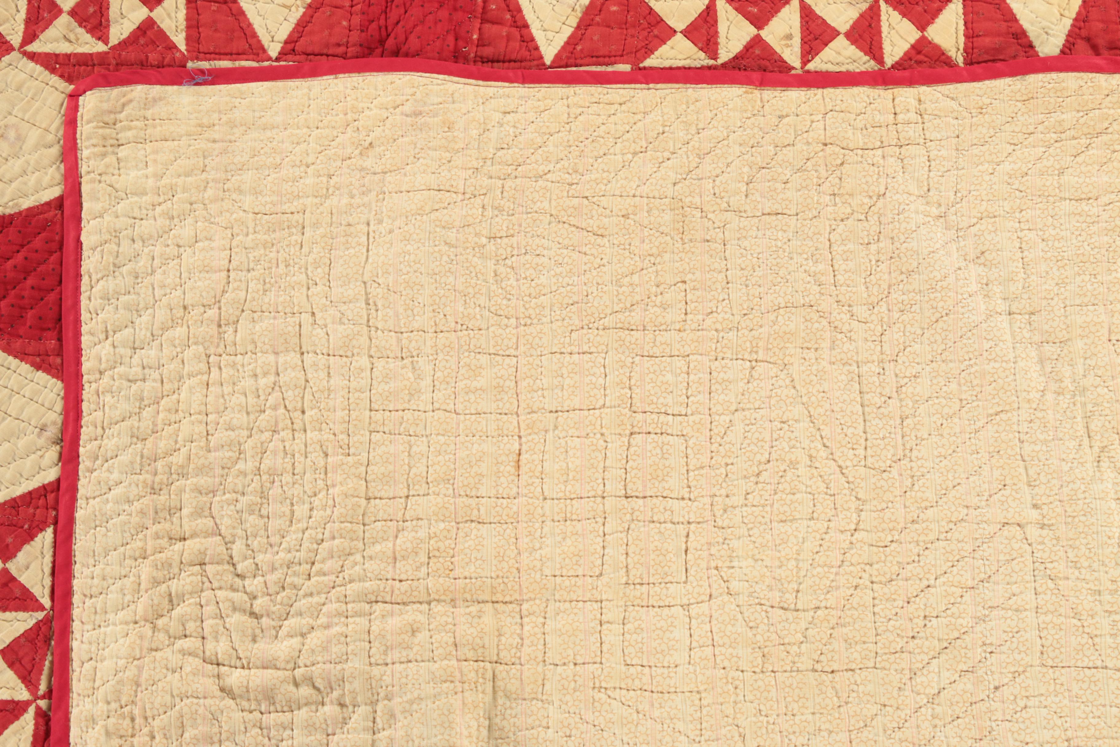 Antique Handmade Red And Cream Quilt