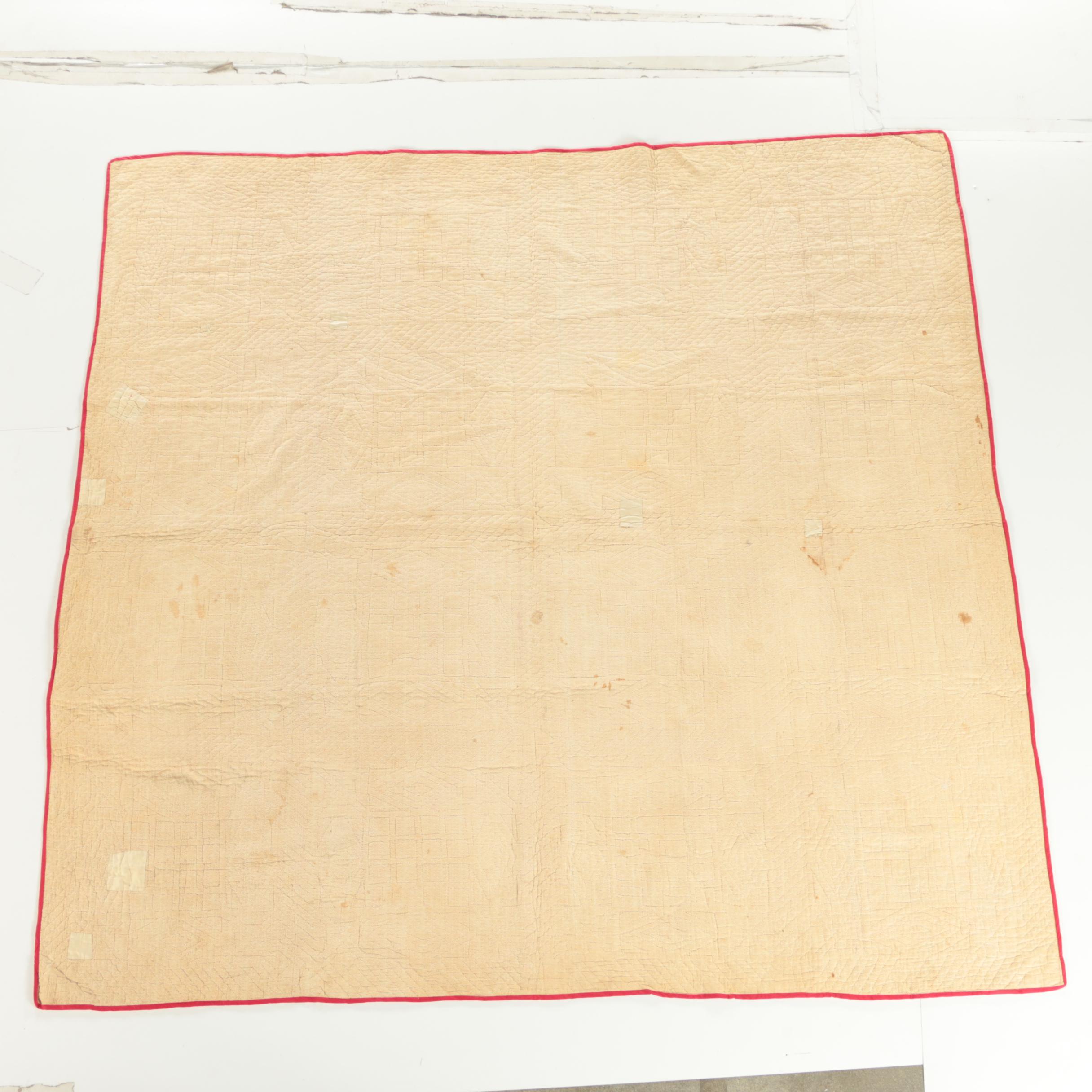 Antique Handmade Red And Cream Quilt