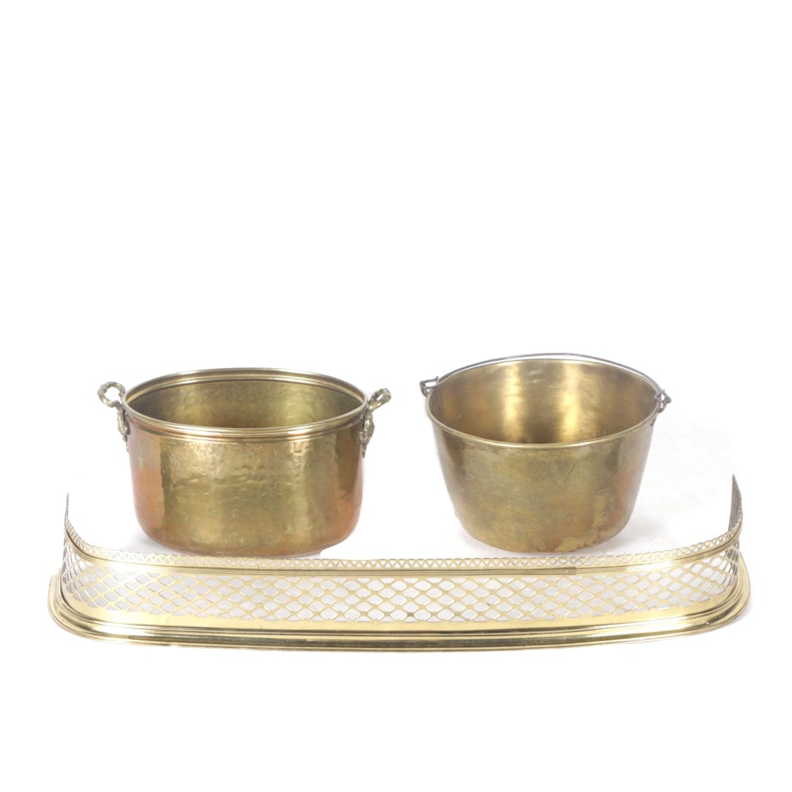 Brass Ash Buckets and Pierced Fireplace Fender