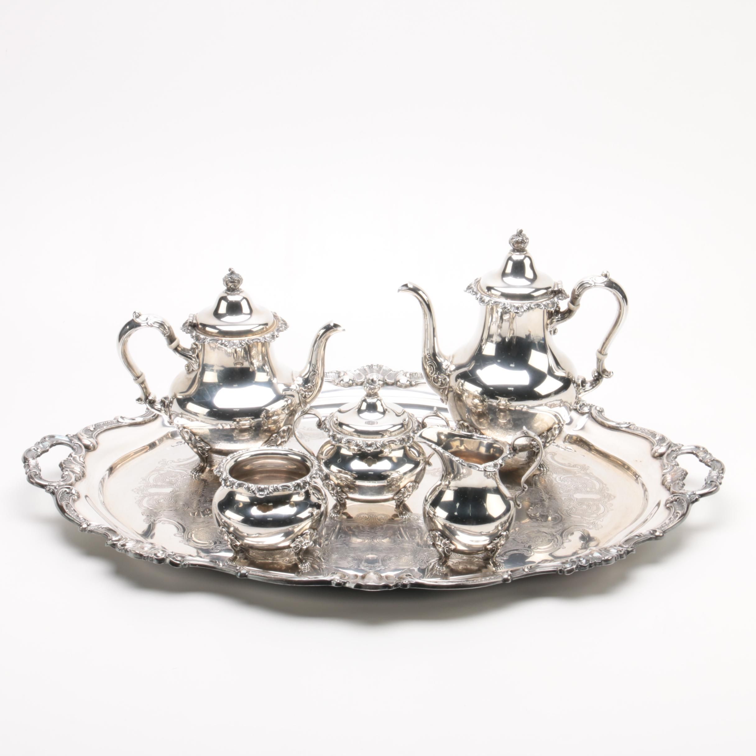 Gorham "Strasbourg" Sterling Silver Tea Set and Silver Plate Tray