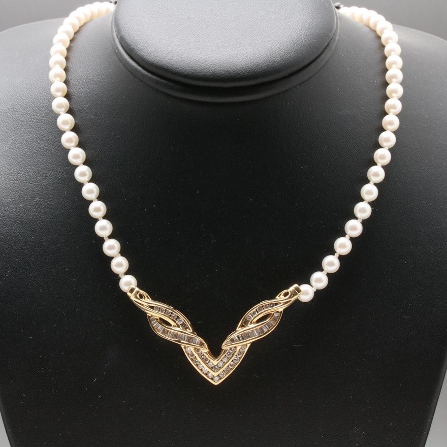 14K Yellow Gold Cultured Pearl and 1.18 CTW Diamond Necklace