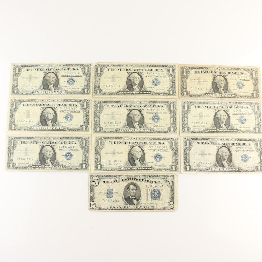 Group of Ten U.S. Silver Certificates with Blue Seals