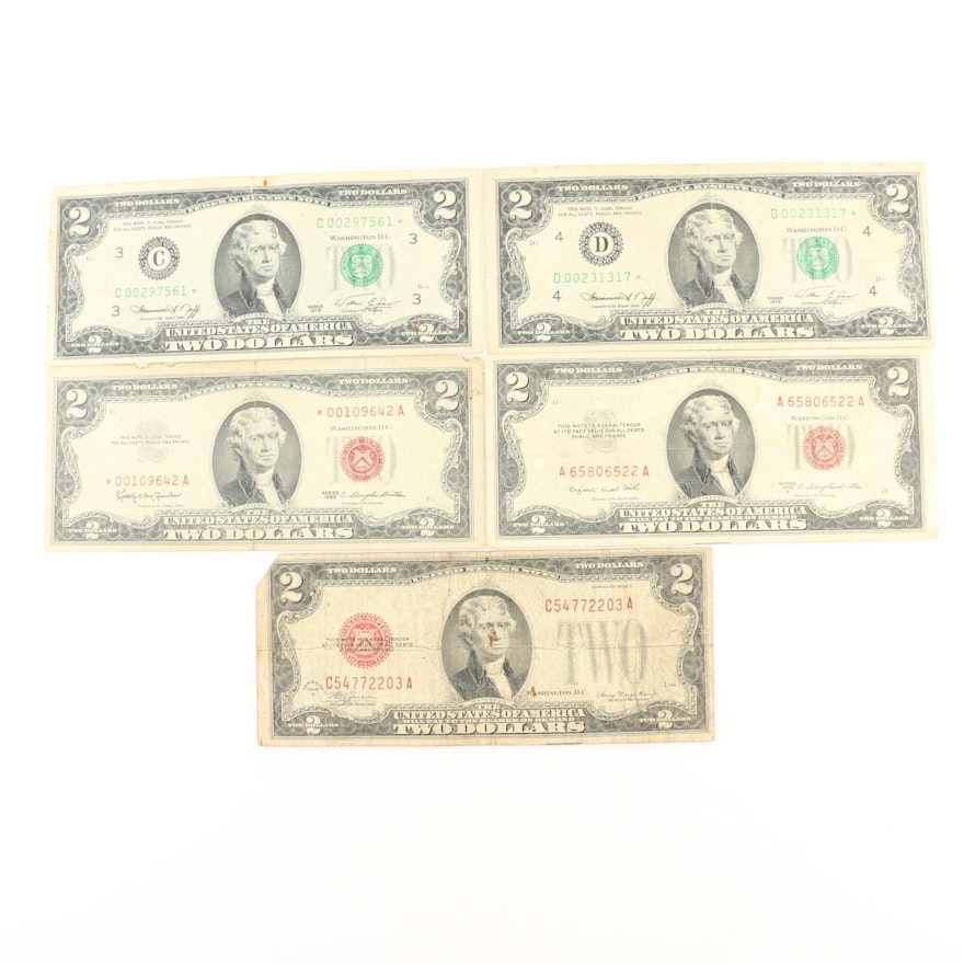 Group of Five U.S. Two Dollar Notes