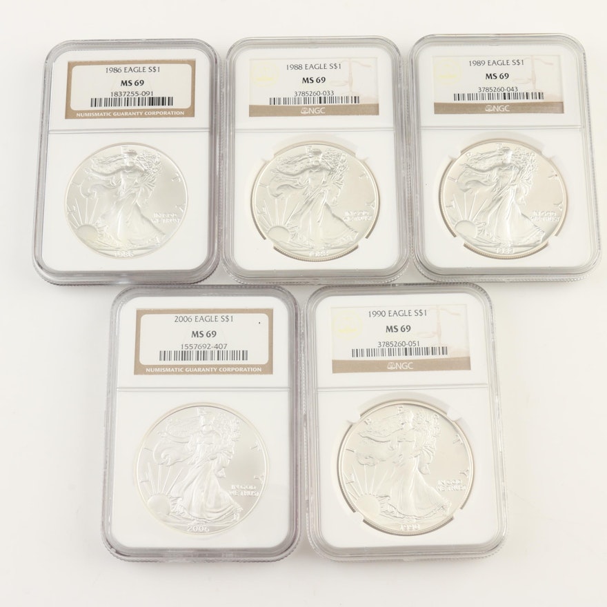 Group of Five NGC Graded MS 69 $1 U.S. Silver Eagles