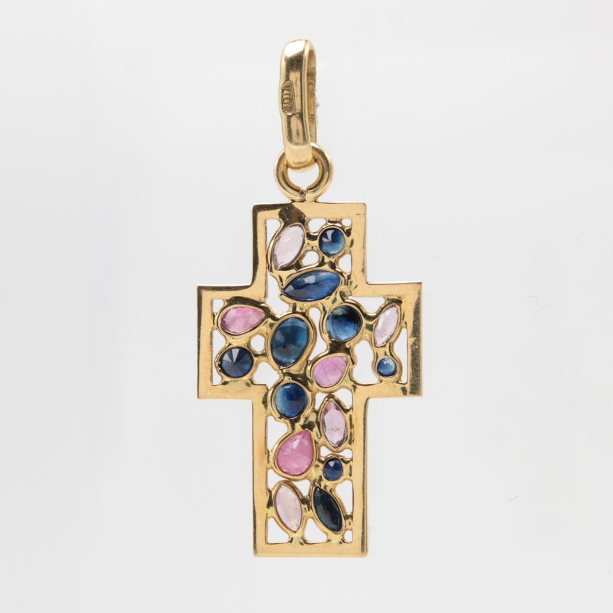 18K Yellow Gold Ruby and Blue Sapphire Cross Pendant
