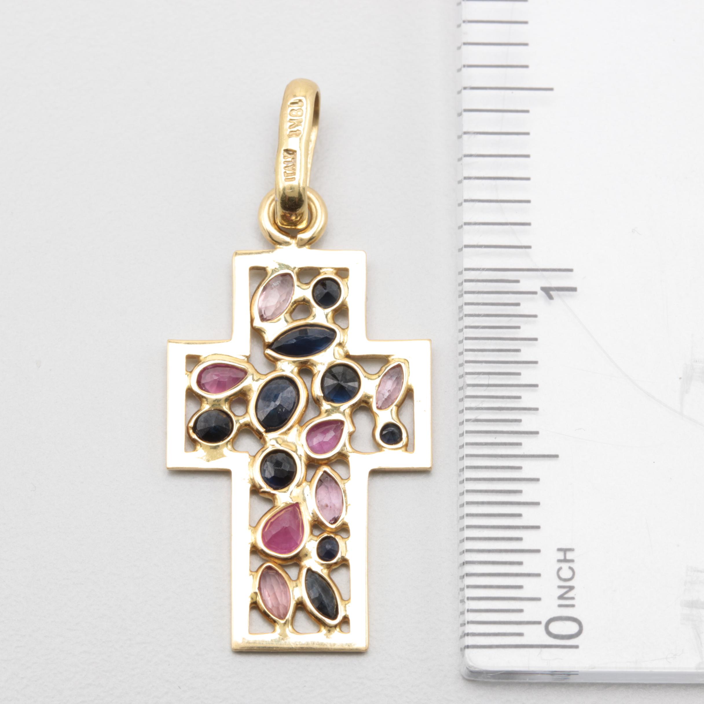18K Yellow Gold Ruby and Blue Sapphire Cross Pendant