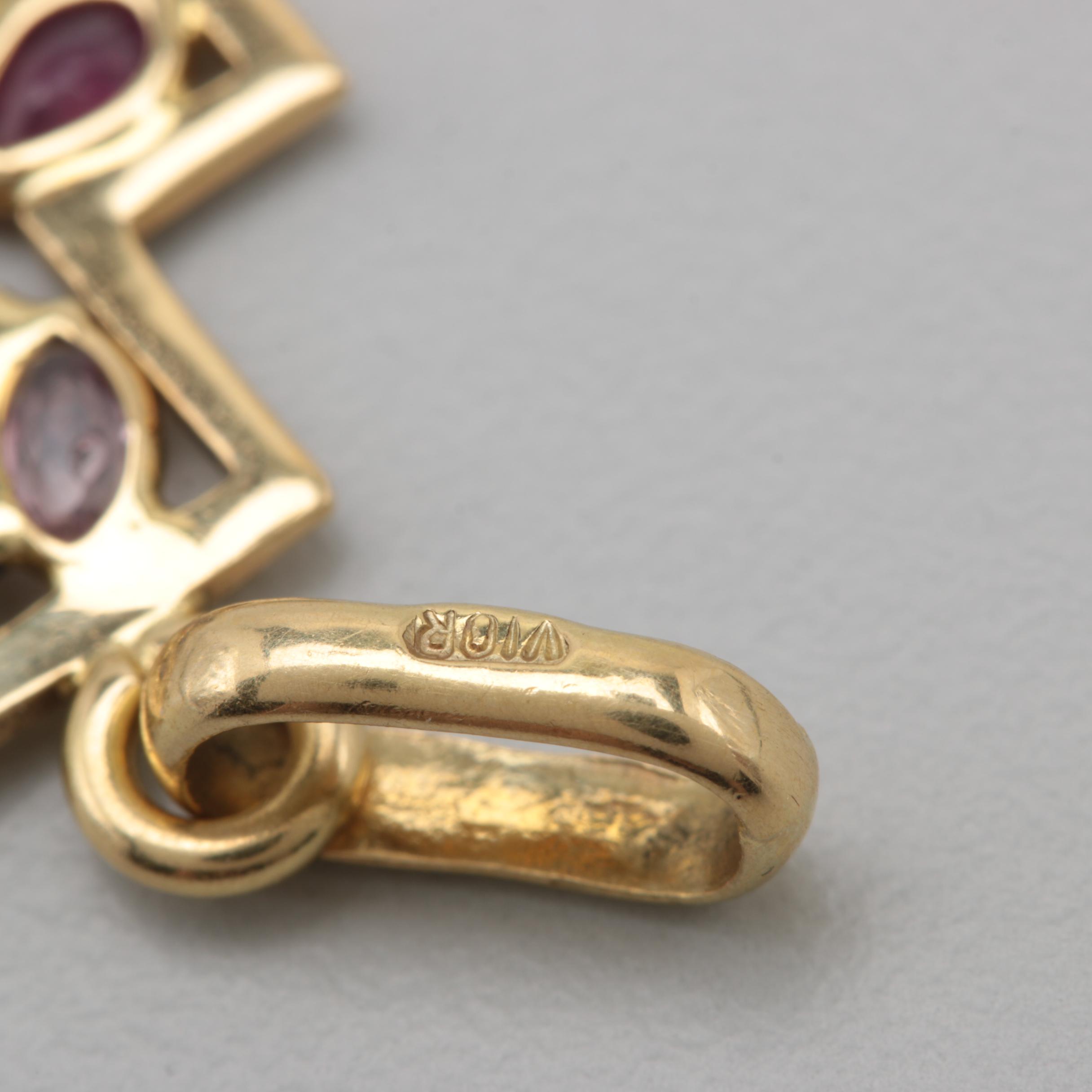 18K Yellow Gold Ruby and Blue Sapphire Cross Pendant