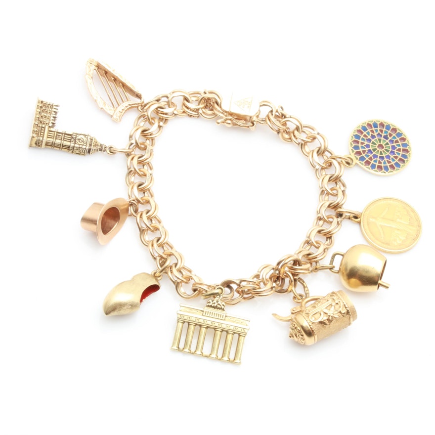 18K,14K and 9K Yellow Gold Charm Bracelet Including  Plique-à-Jour Enamel