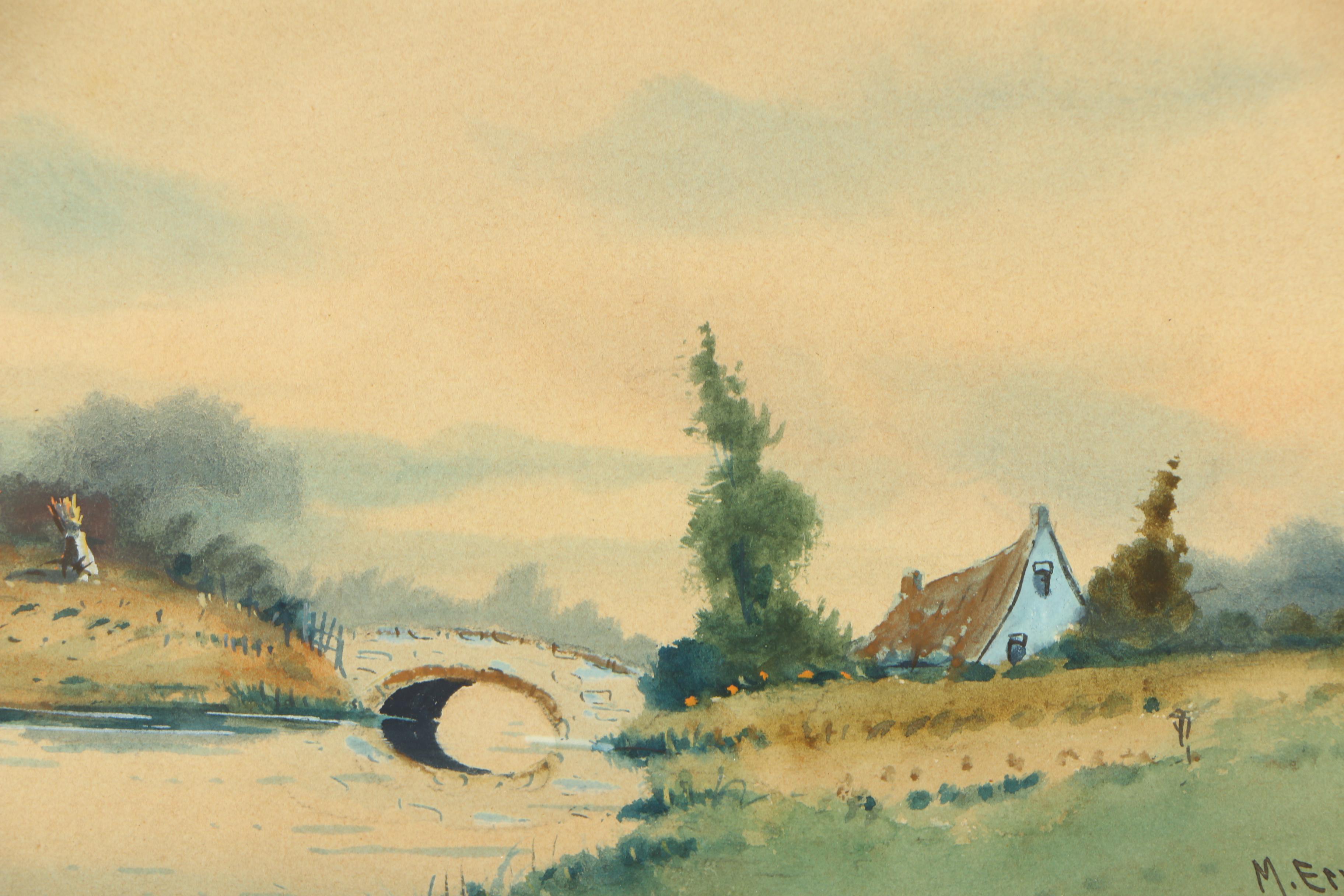 M. Erville Mid Century Watercolor Painting of Farm Landscape