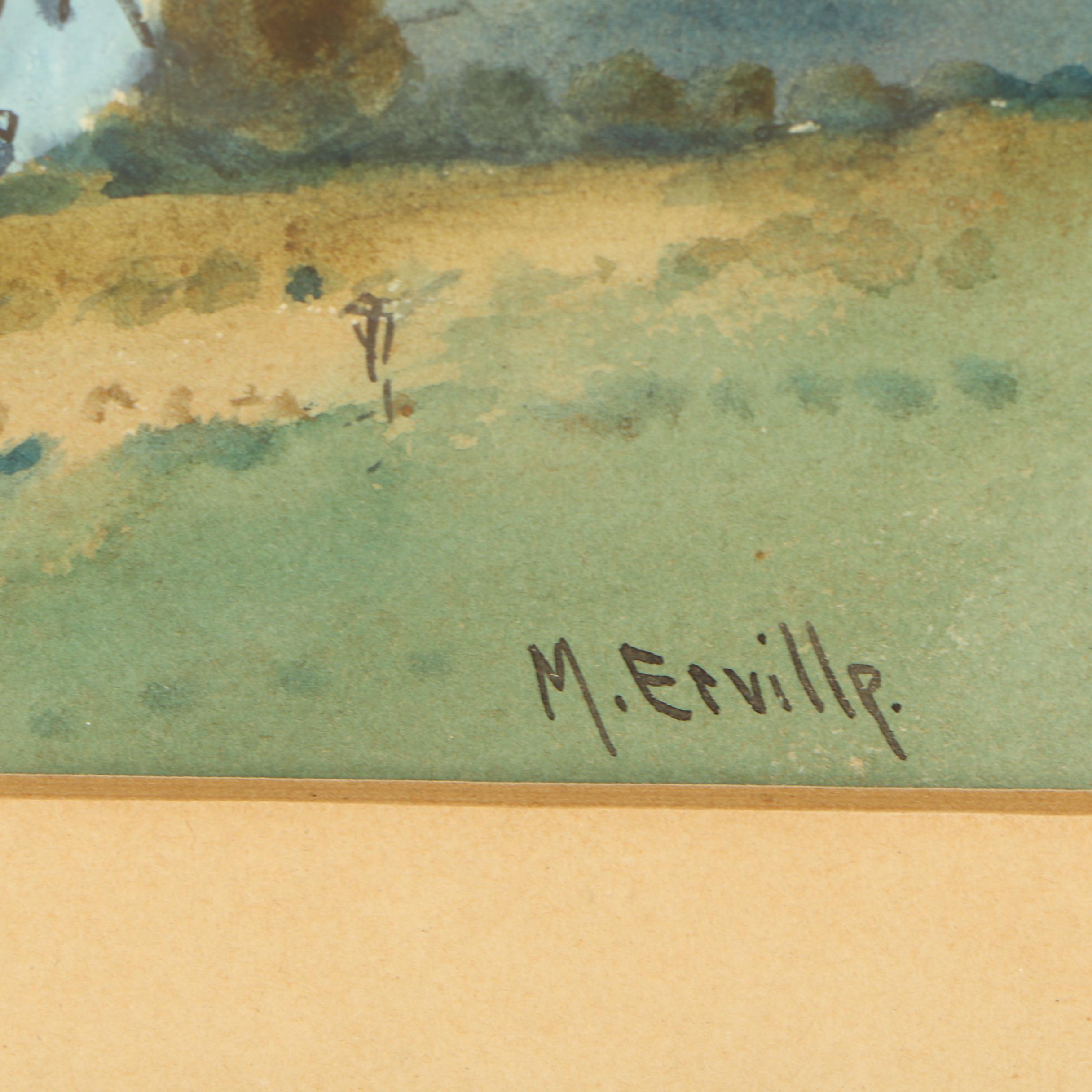 M. Erville Mid Century Watercolor Painting of Farm Landscape