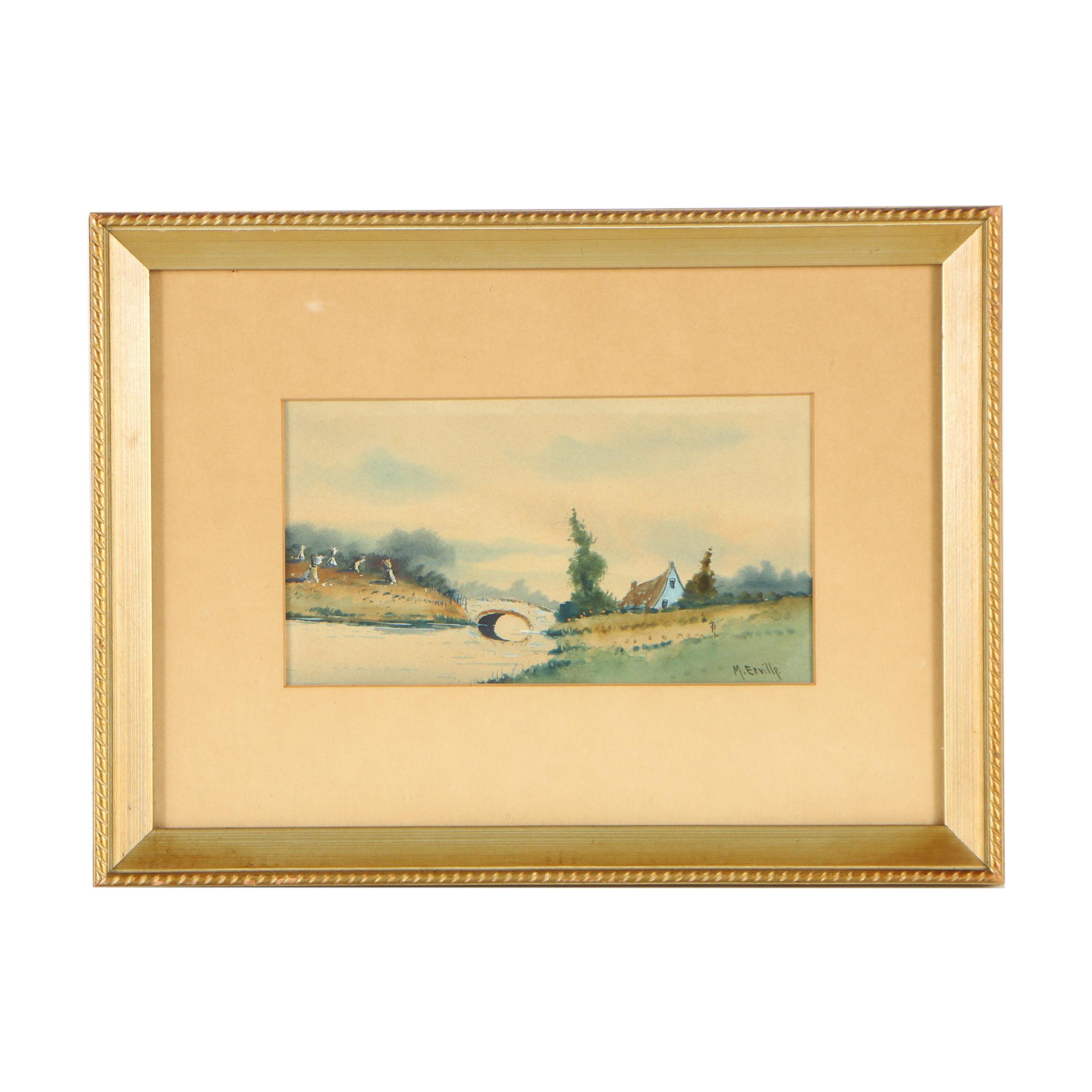 M. Erville Mid Century Watercolor Painting of Farm Landscape