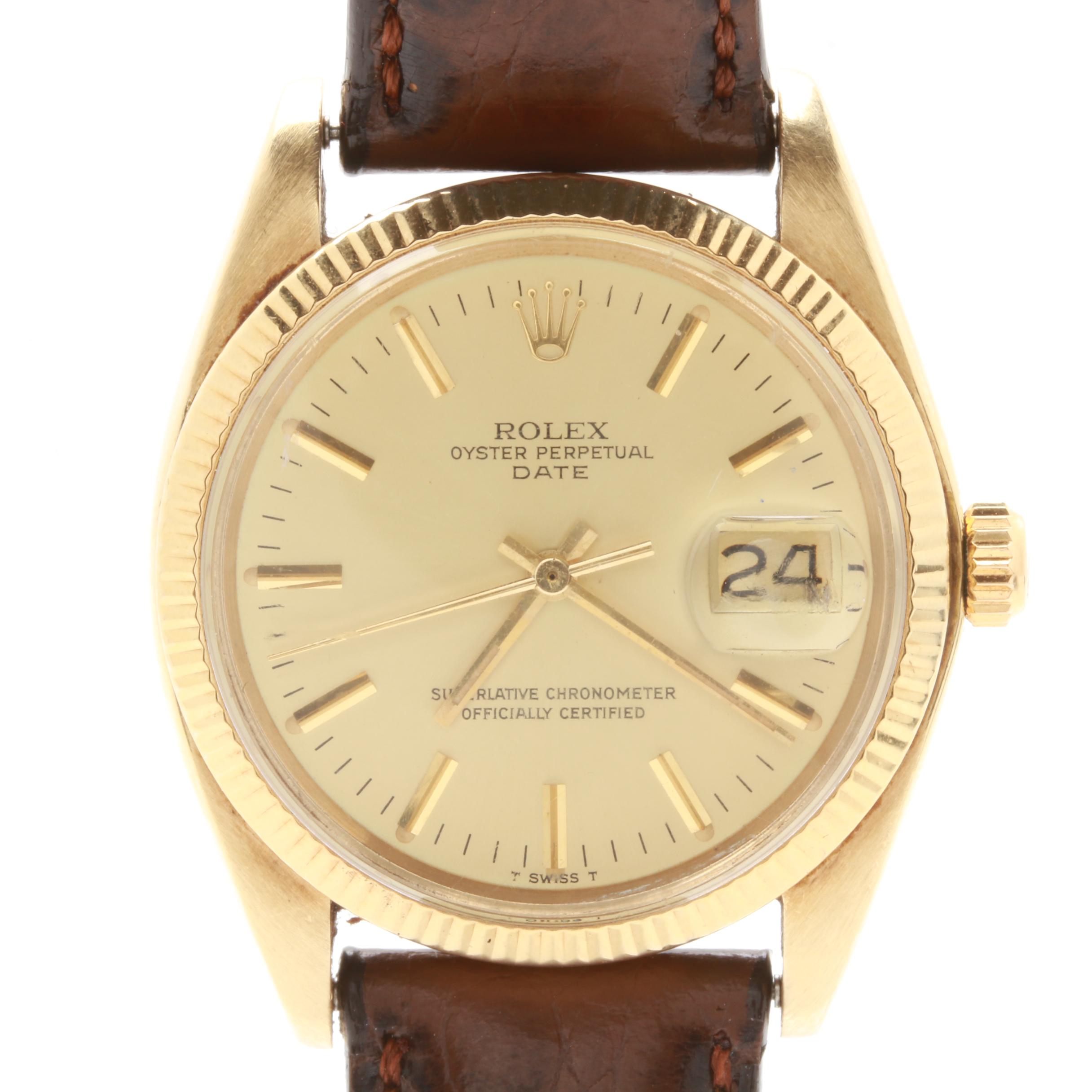 Rolex 14K Yellow Gold Watch with Brown Leather Strap