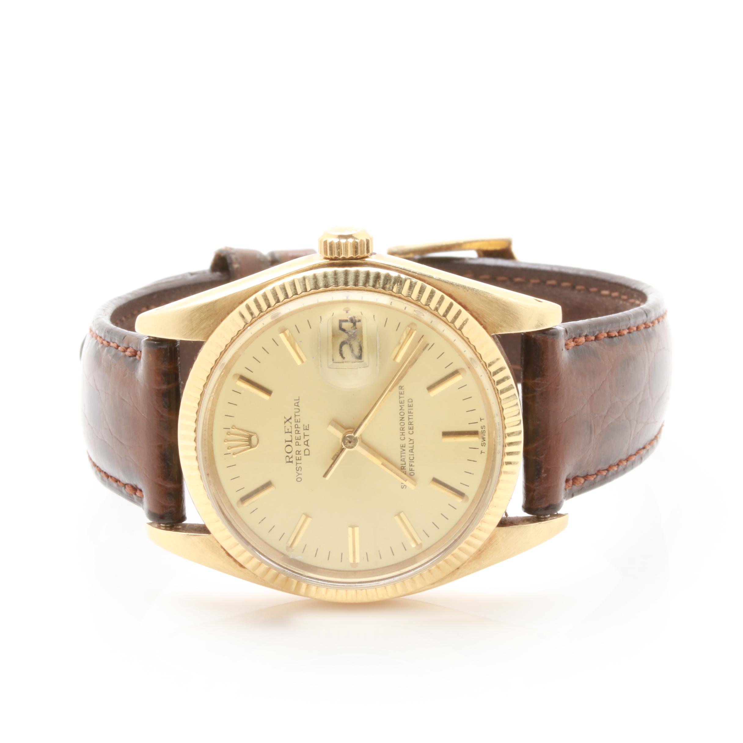 Rolex 14K Yellow Gold Watch with Brown Leather Strap