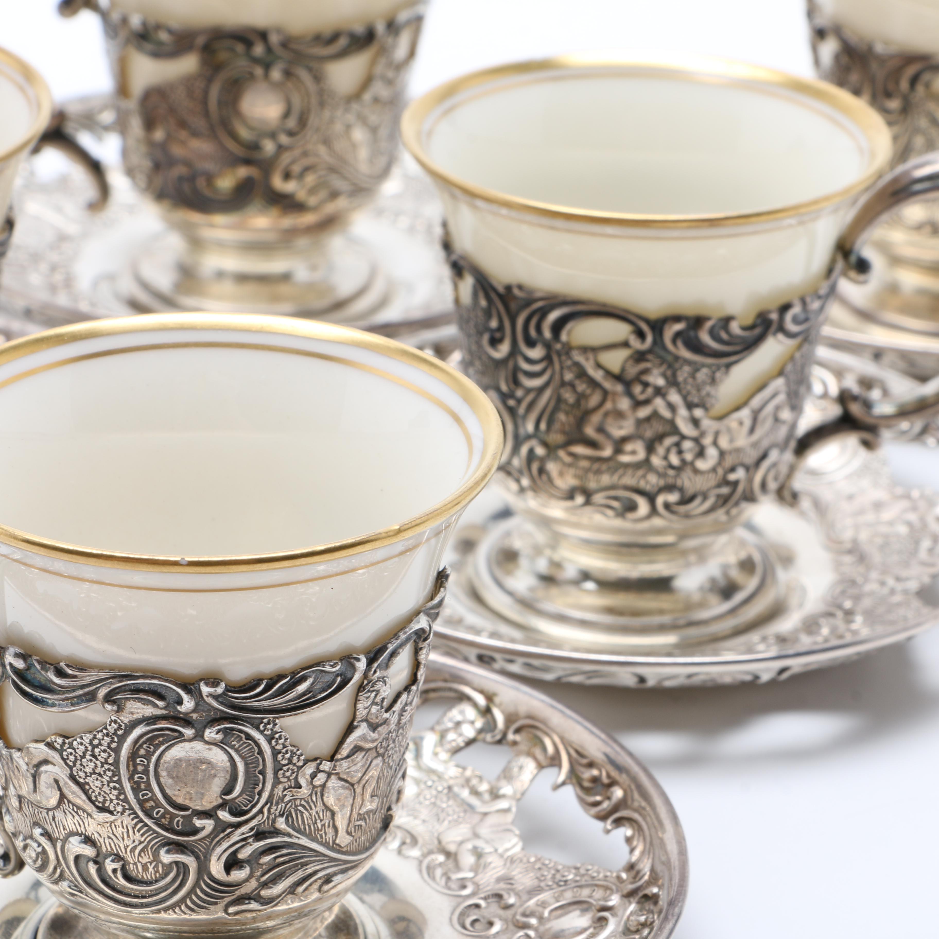 Bailey, Banks and Biddle Sterling Demitasse Cups with Lenox Cups