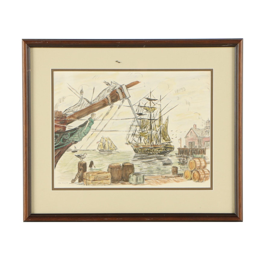 Hand Colored Offset Lithograph of Ship in Harbor After Jay Killian