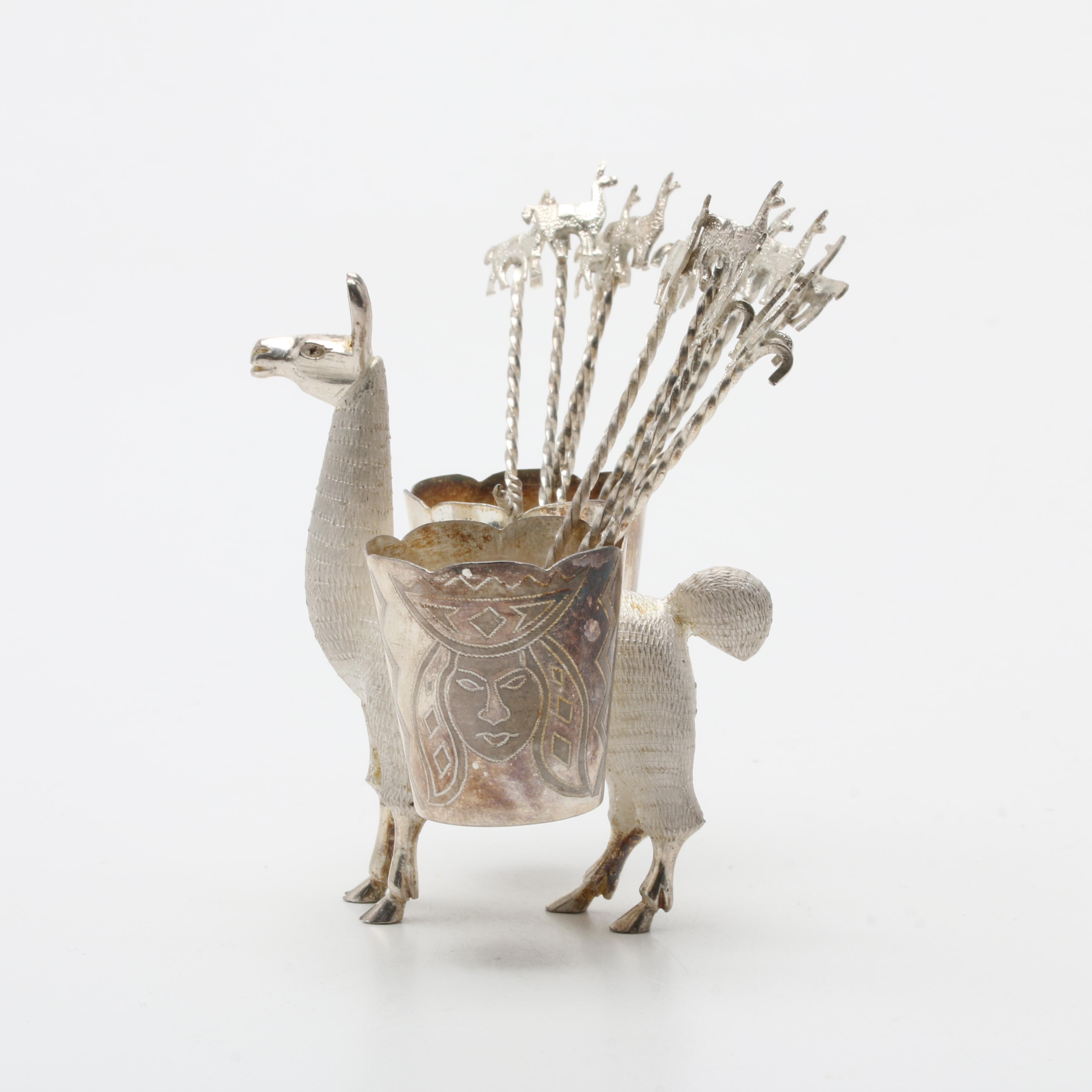 Peruvian MML Sterling Silver Llama Stand and Cocktail Picks