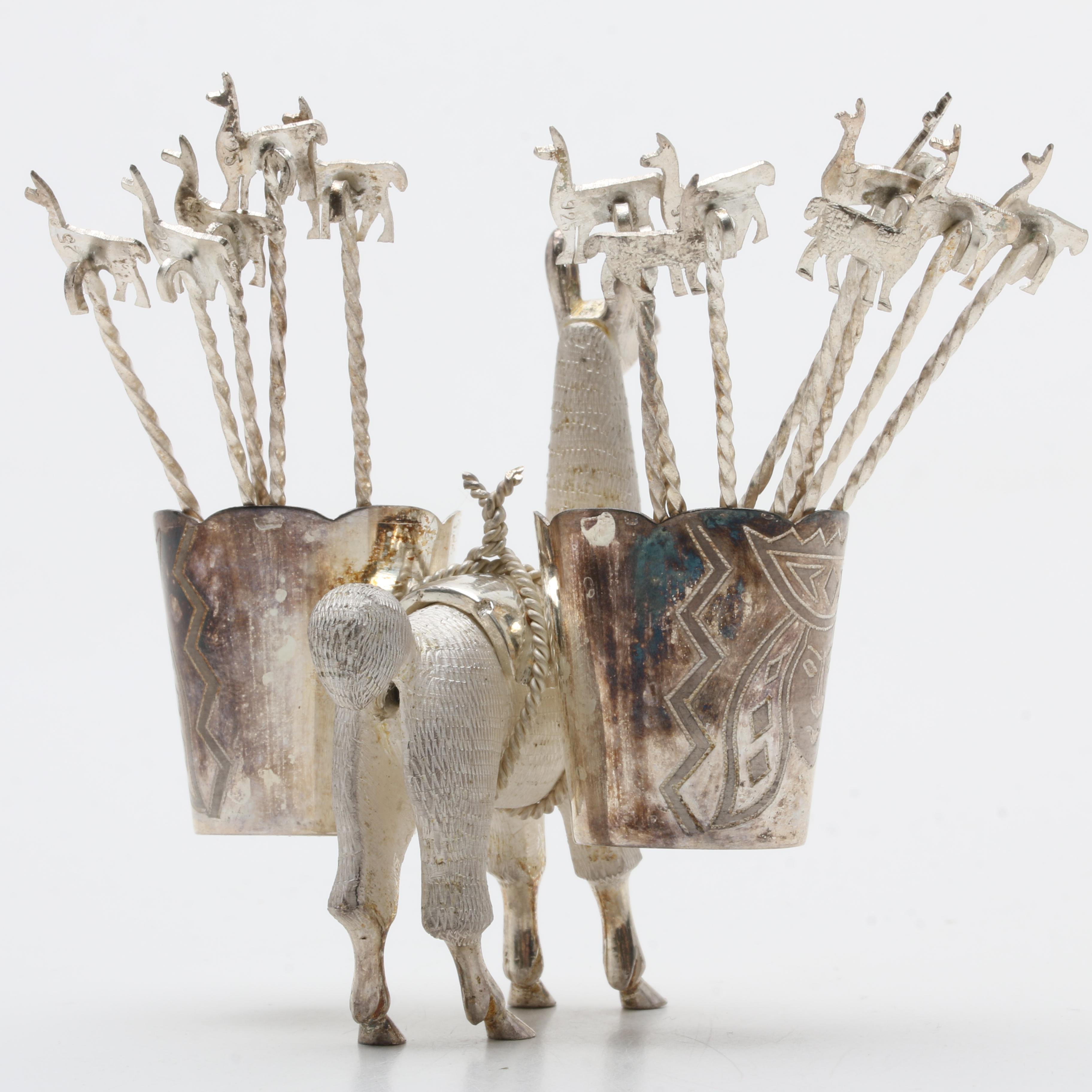 Peruvian MML Sterling Silver Llama Stand and Cocktail Picks