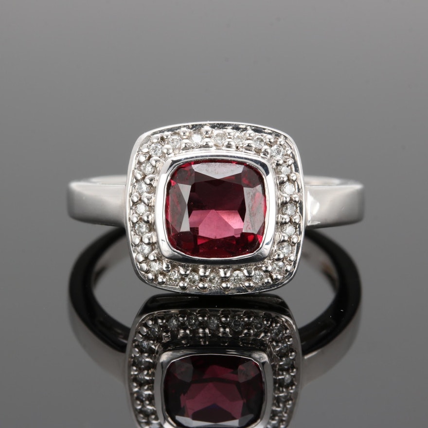 Krementz 14K White Gold Rhodolite Garnet and Diamond Ring