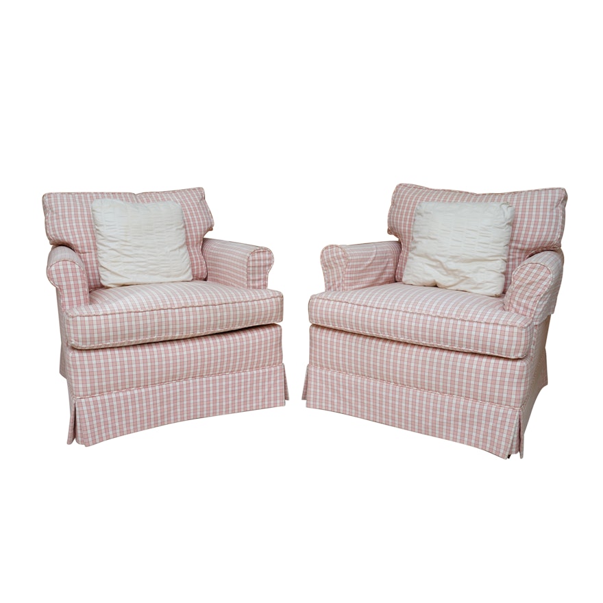 Pink and White Checked Upholstered Armchair Pair