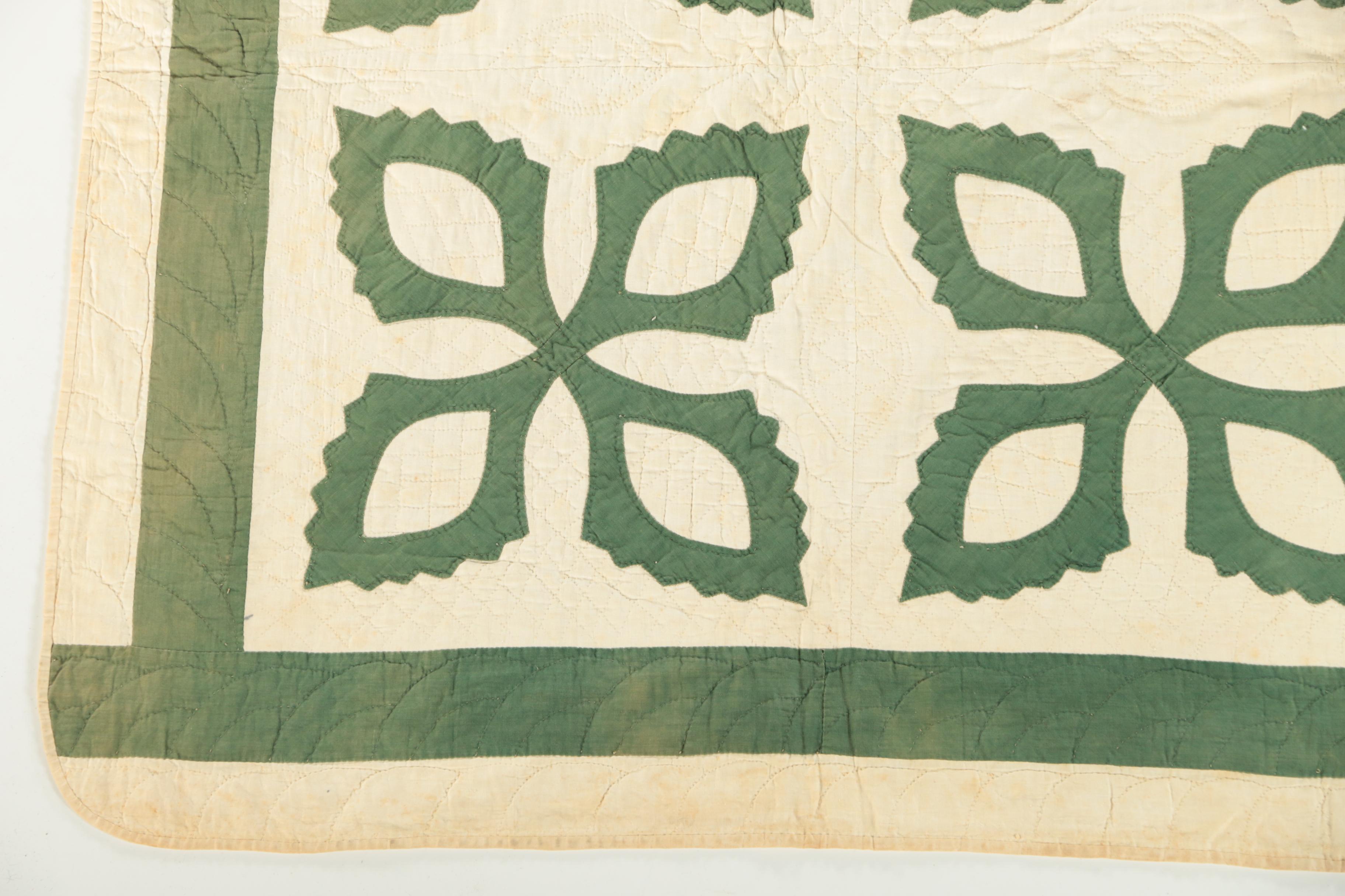 Vintage Handmade Green And White Applique Quilt