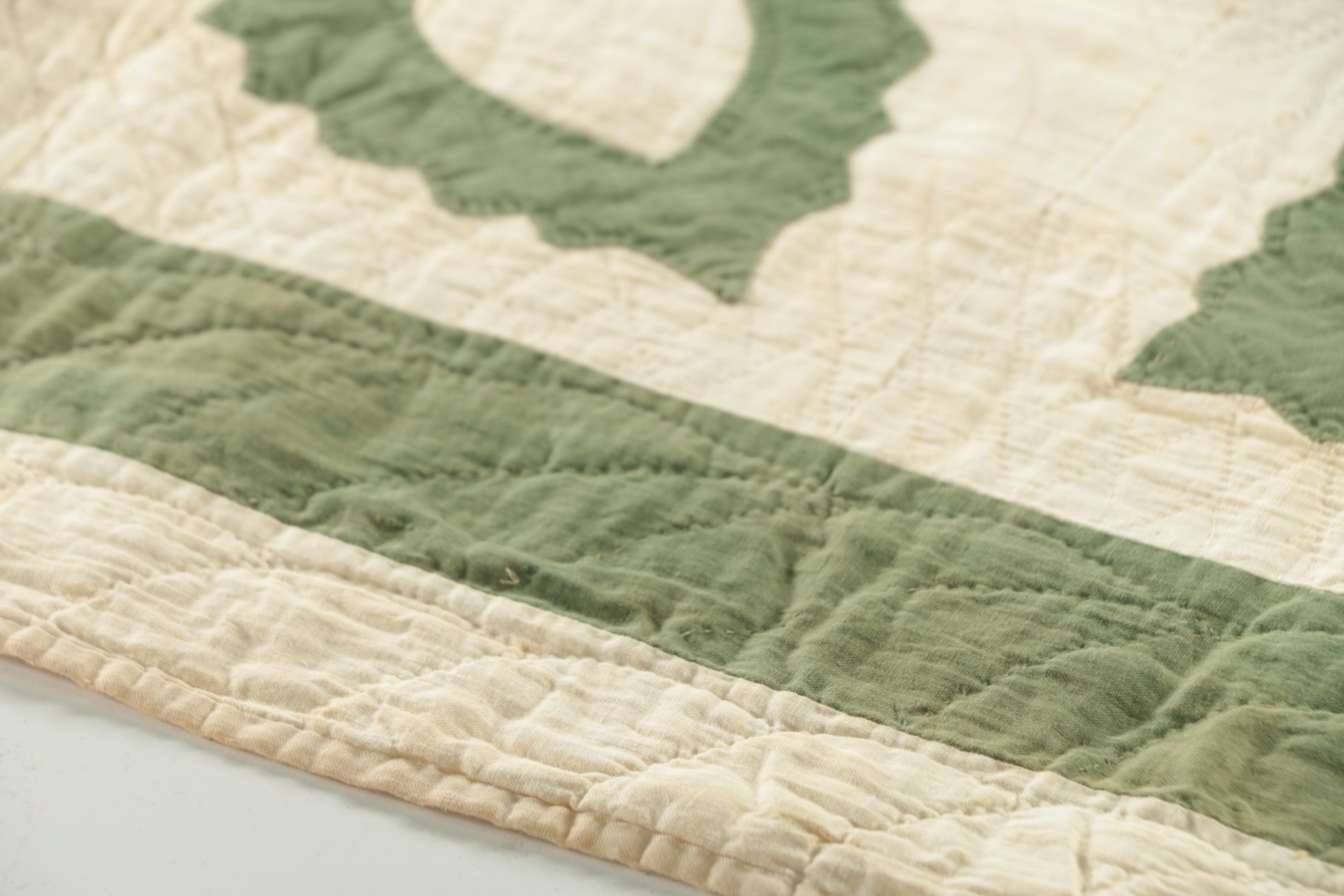 Vintage Handmade Green And White Applique Quilt