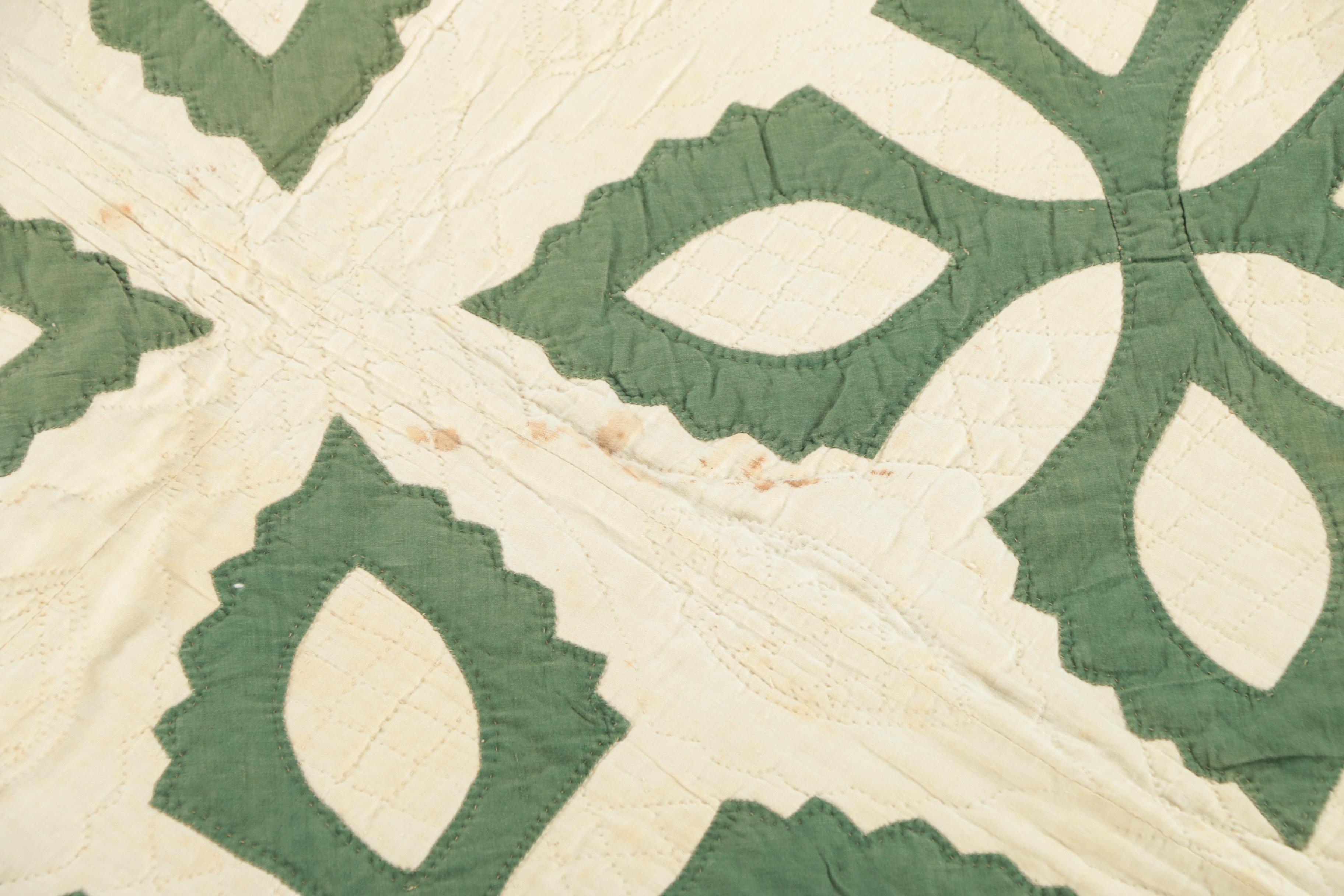 Vintage Handmade Green And White Applique Quilt