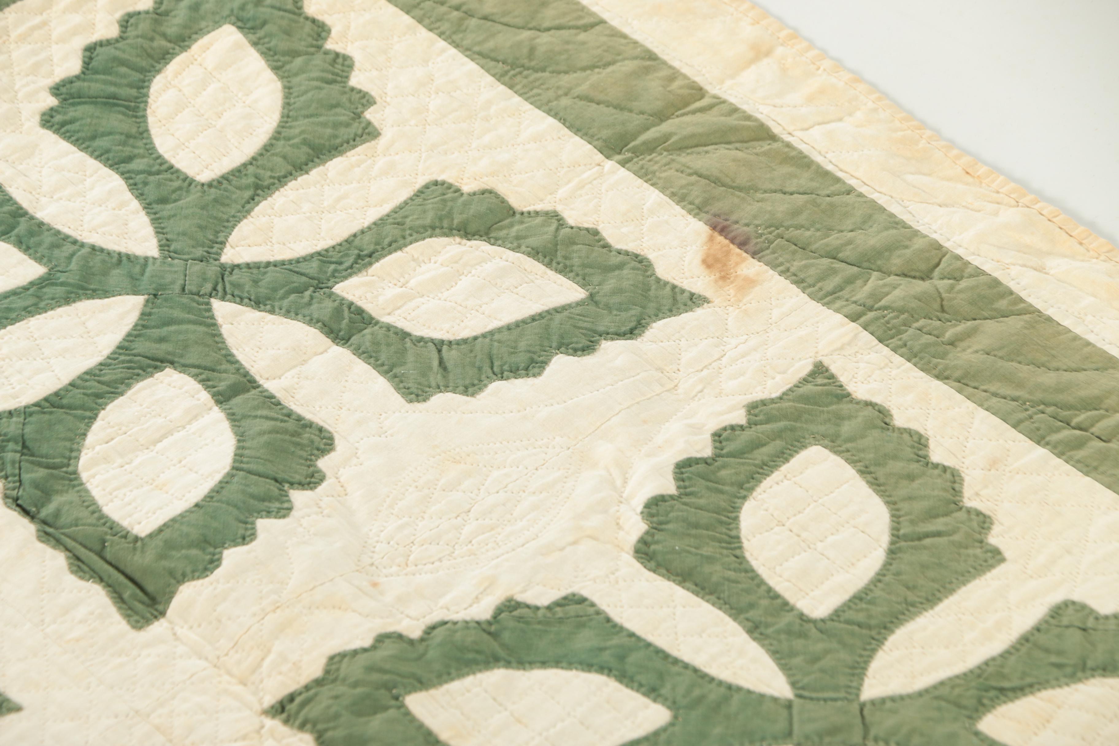 Vintage Handmade Green And White Applique Quilt