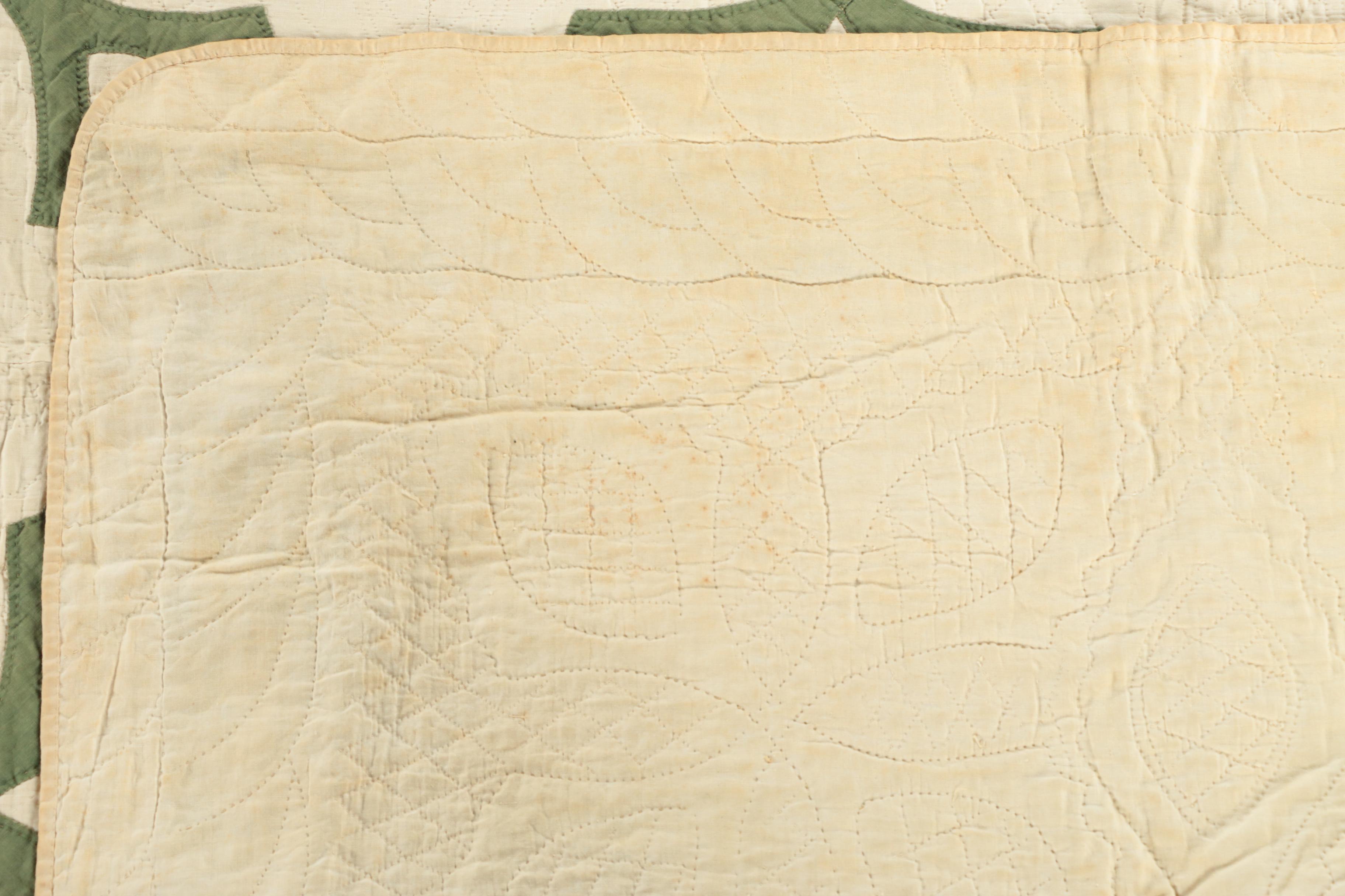 Vintage Handmade Green And White Applique Quilt