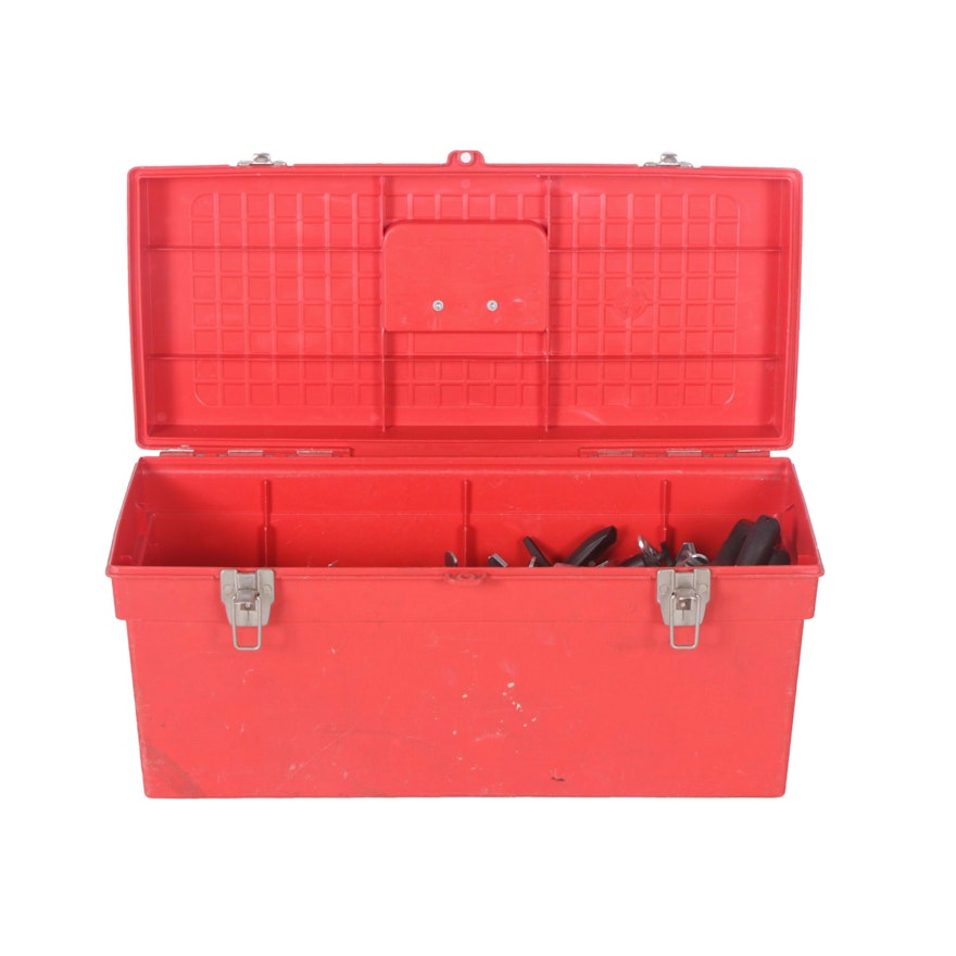Red Contico tool box with tools