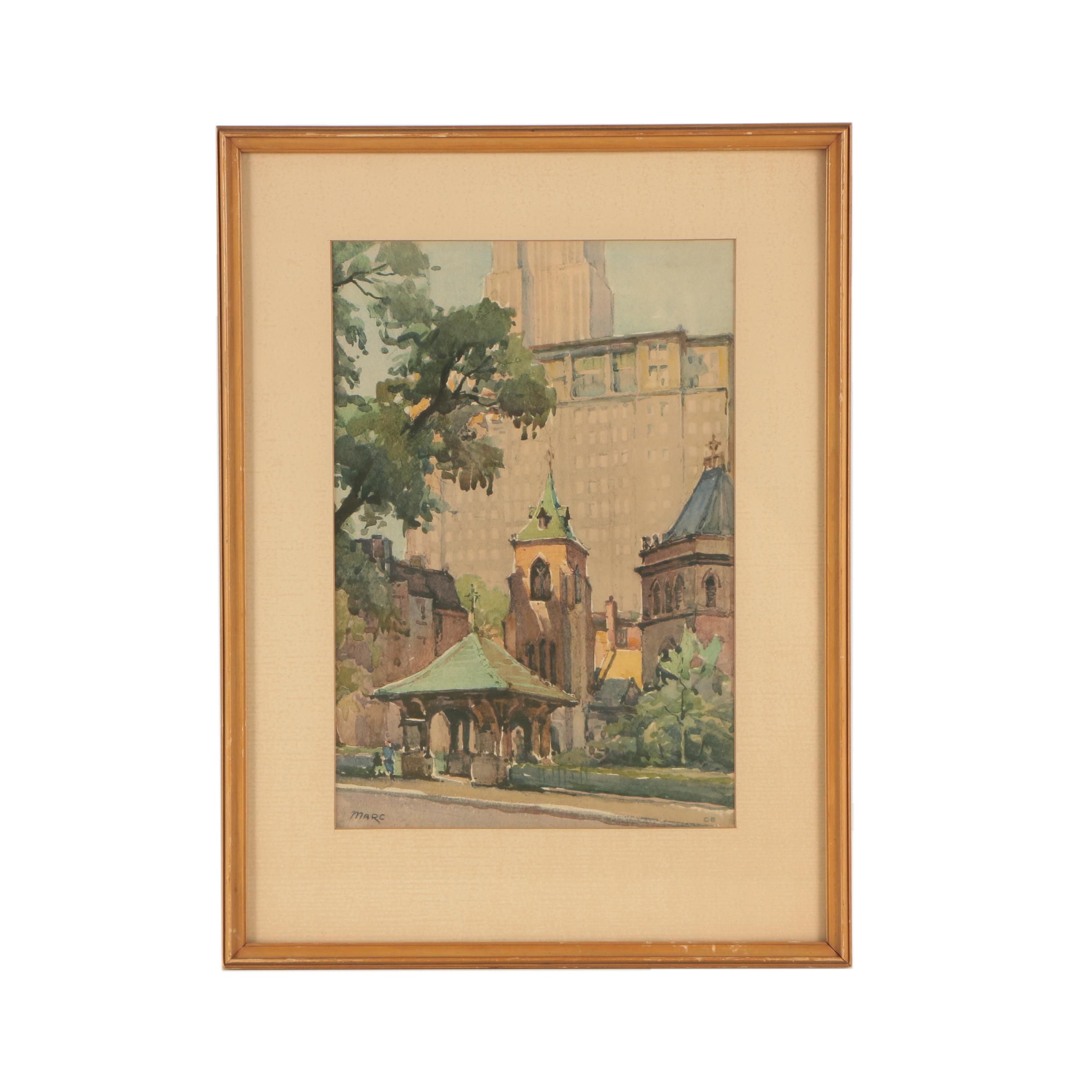 Lithograph After Marc of Downtown City Architecture