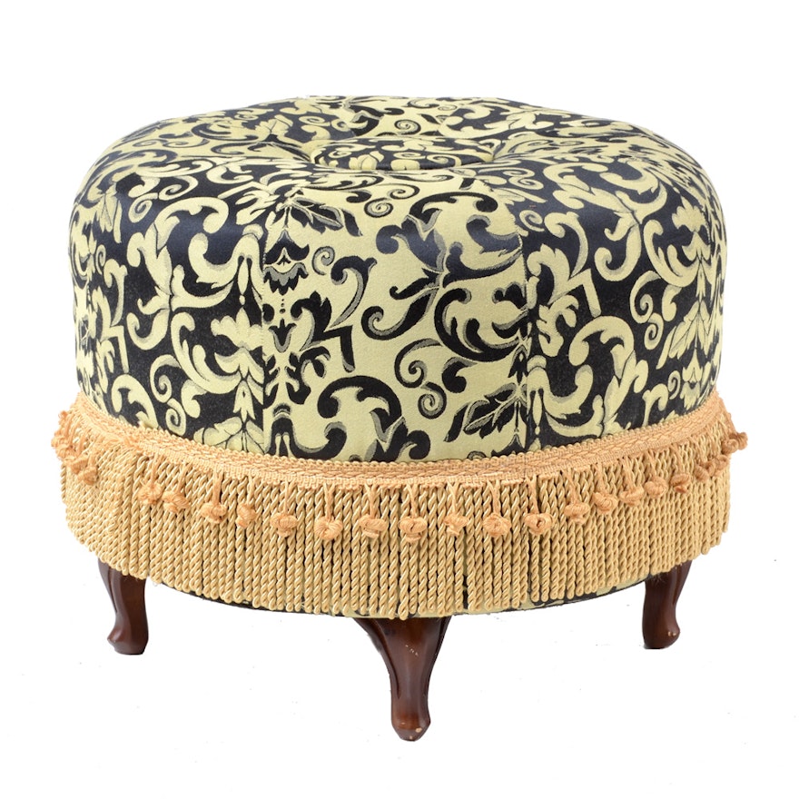 Black and Green Damask Ottoman with Trimming