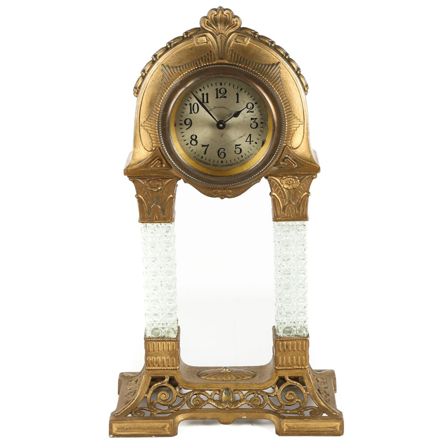 Vintage Fynetone Gilt Metal and Pressed Glass Mantel Clock
