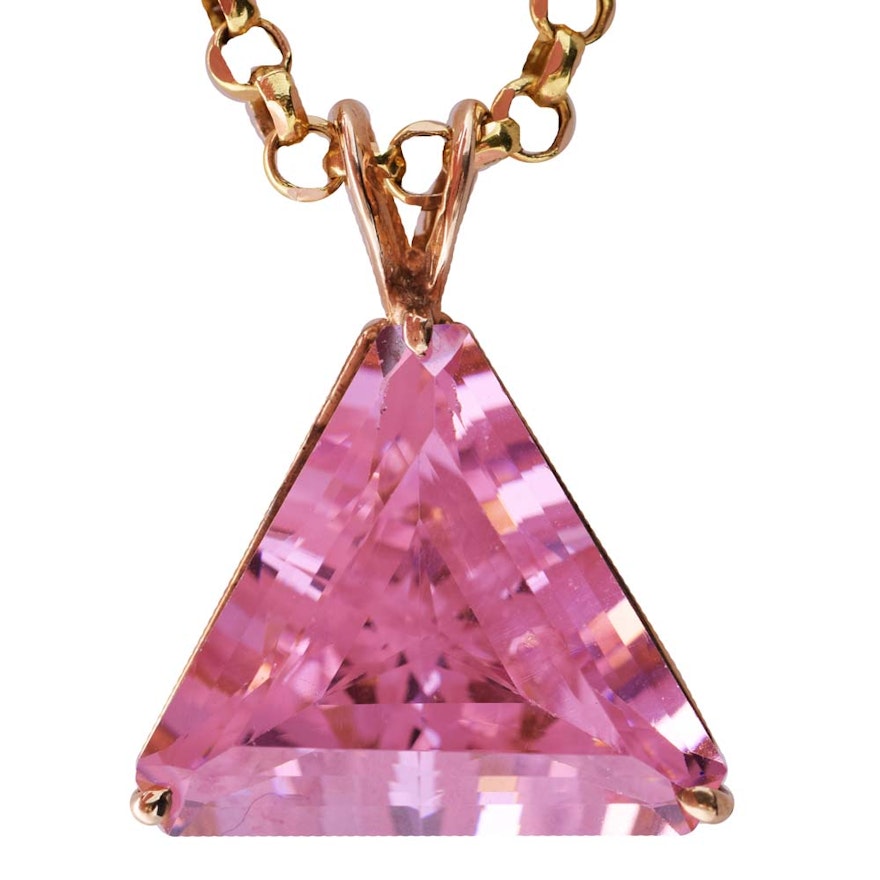 10K Yellow Gold and Pink Cubic Zirconia Pendant on 14K Yellow Gold Chain