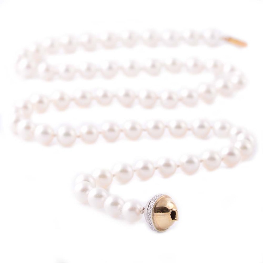 14K Yellow Gold and Cultured Pearl Strand with Diamond Ball Clasp