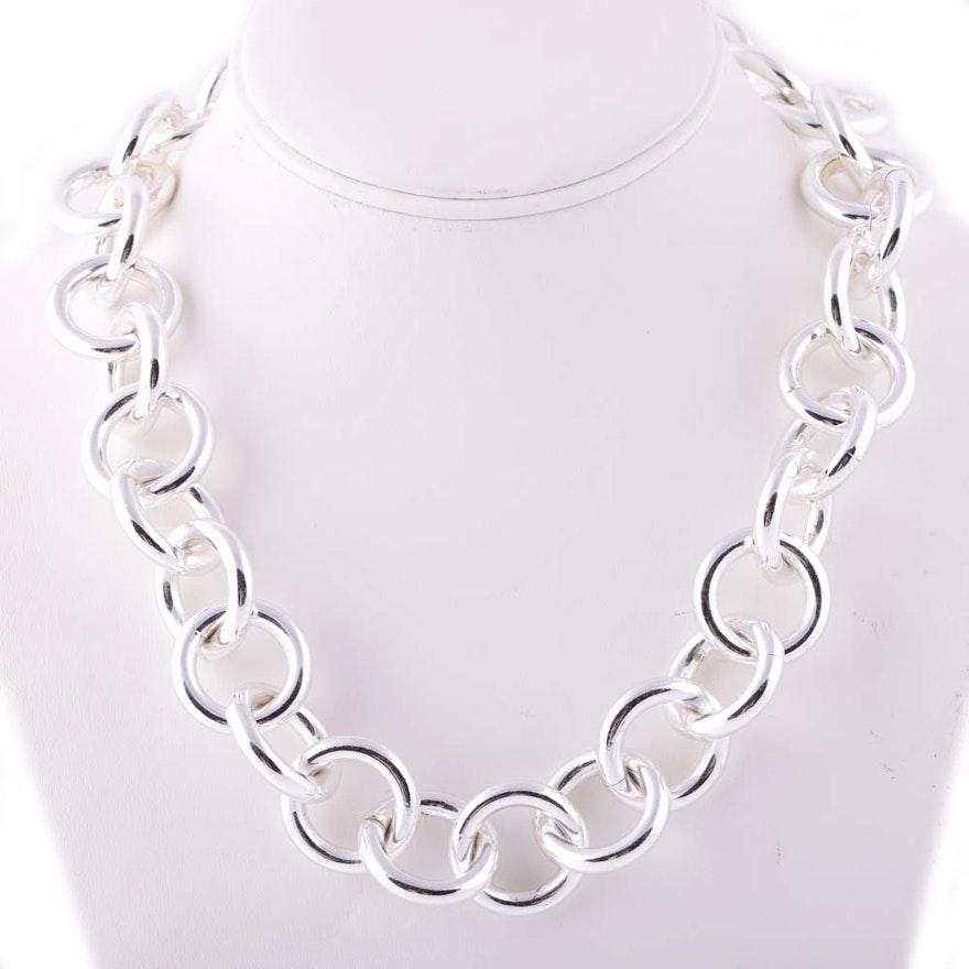 Plated Silver Large Circle Link Necklace