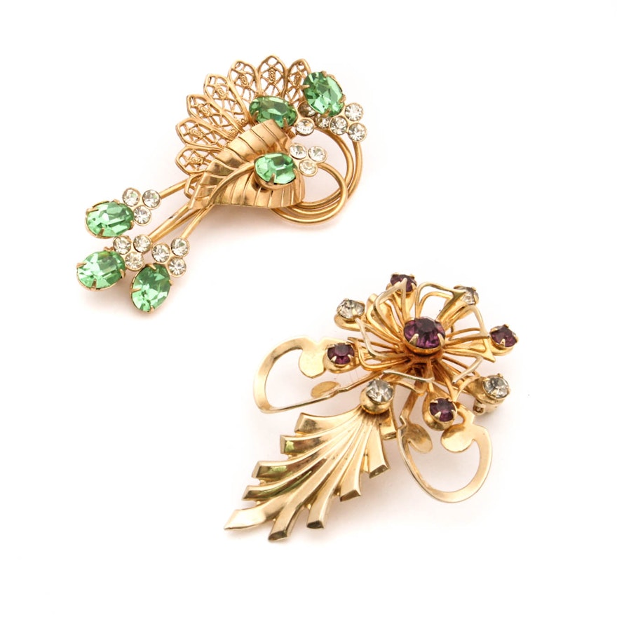 Vintage Gold Tone Rhinestone Brooches