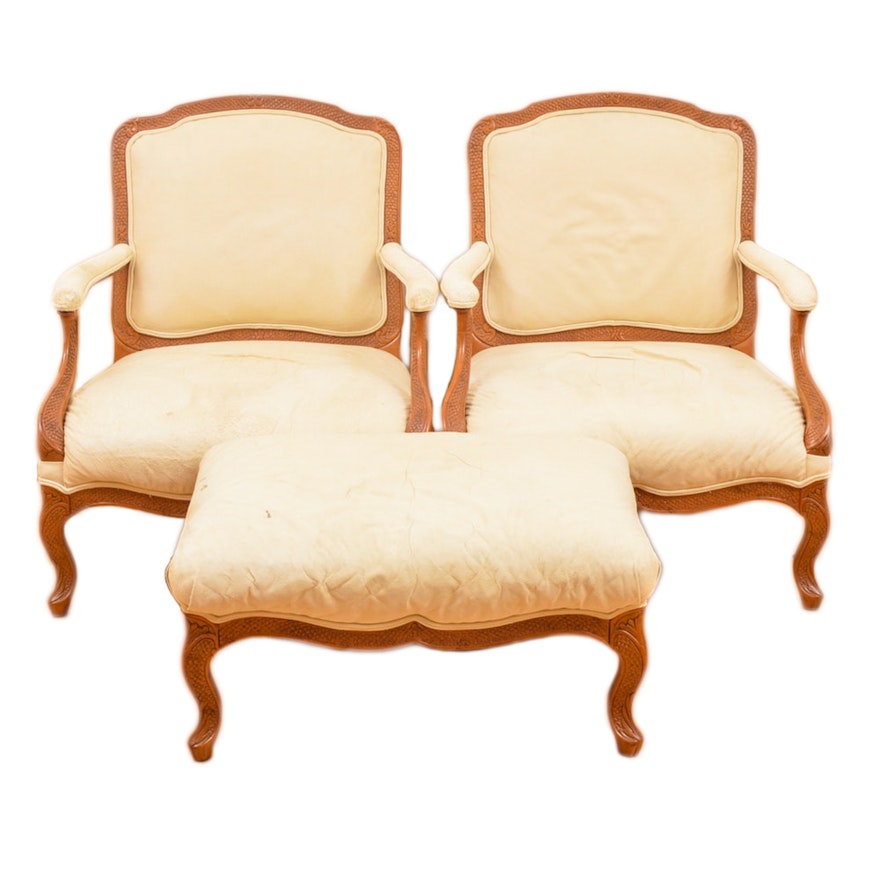 Pair of Vintage Louis XV Style Armchairs with Ottoman