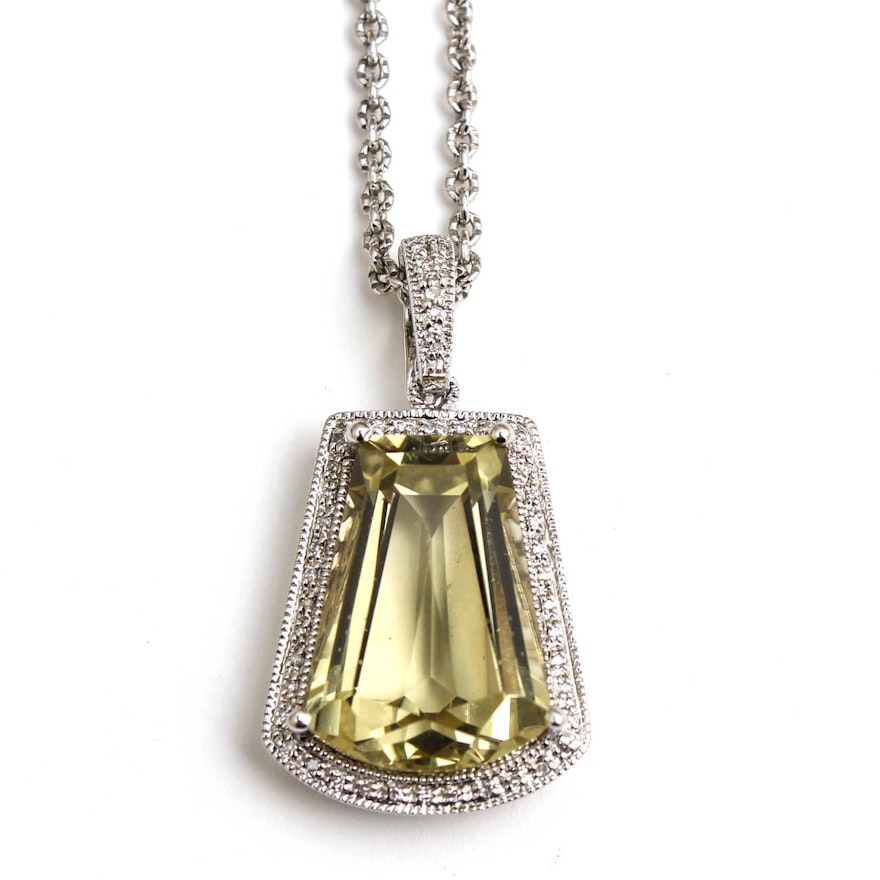 Sterling Silver 16.00 CT Lemon Citrine and Diamond Pendant Necklace