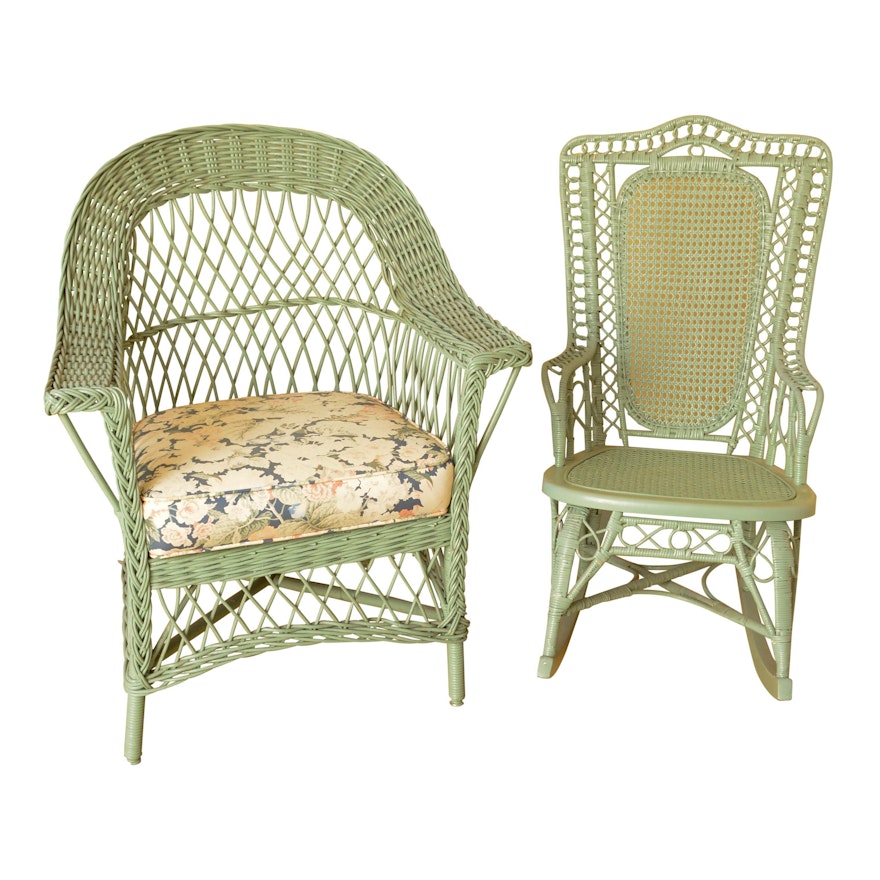 Green Painted Wicker Rocking Chair and Armchair