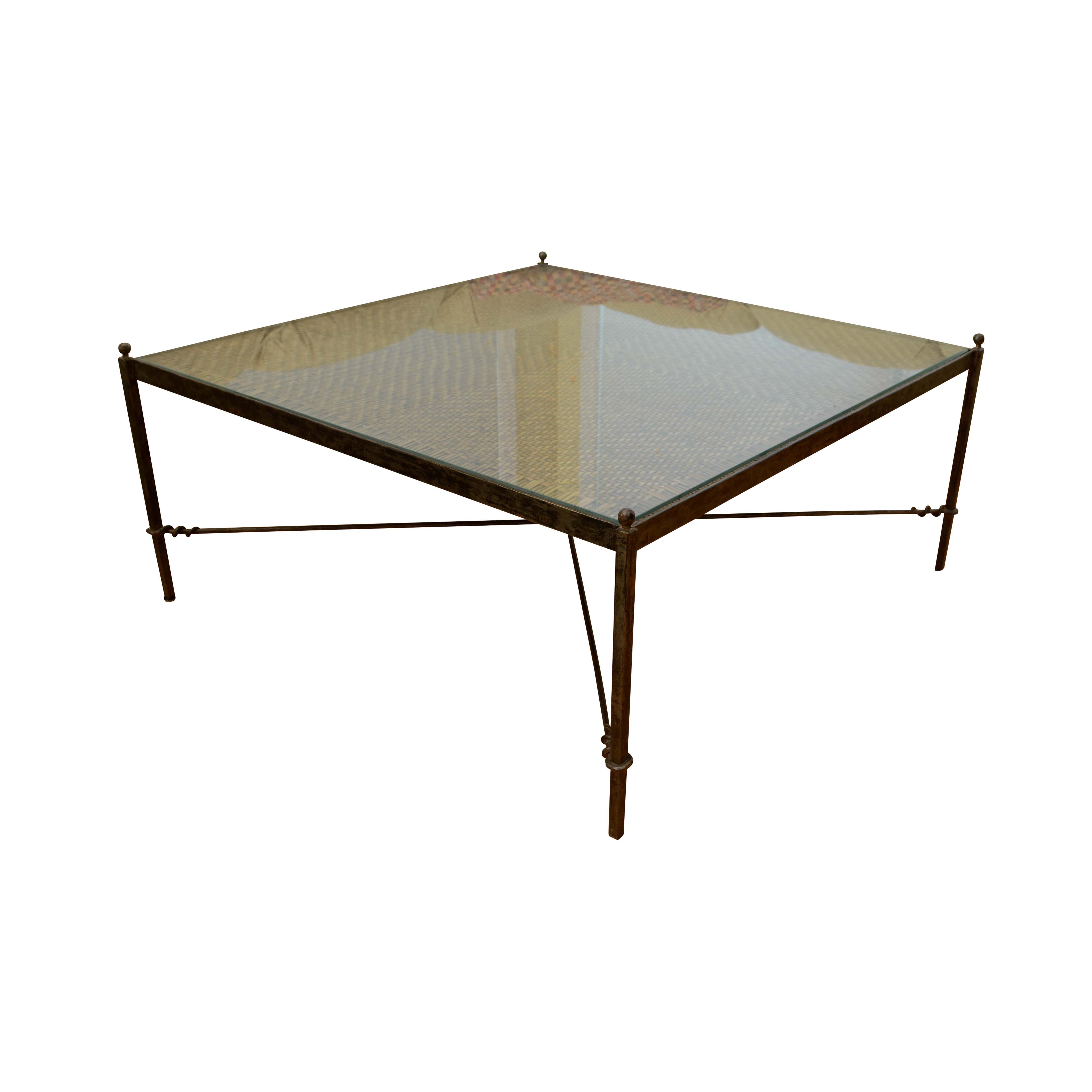 Glass Top Rattan and Metal Cocktail Table