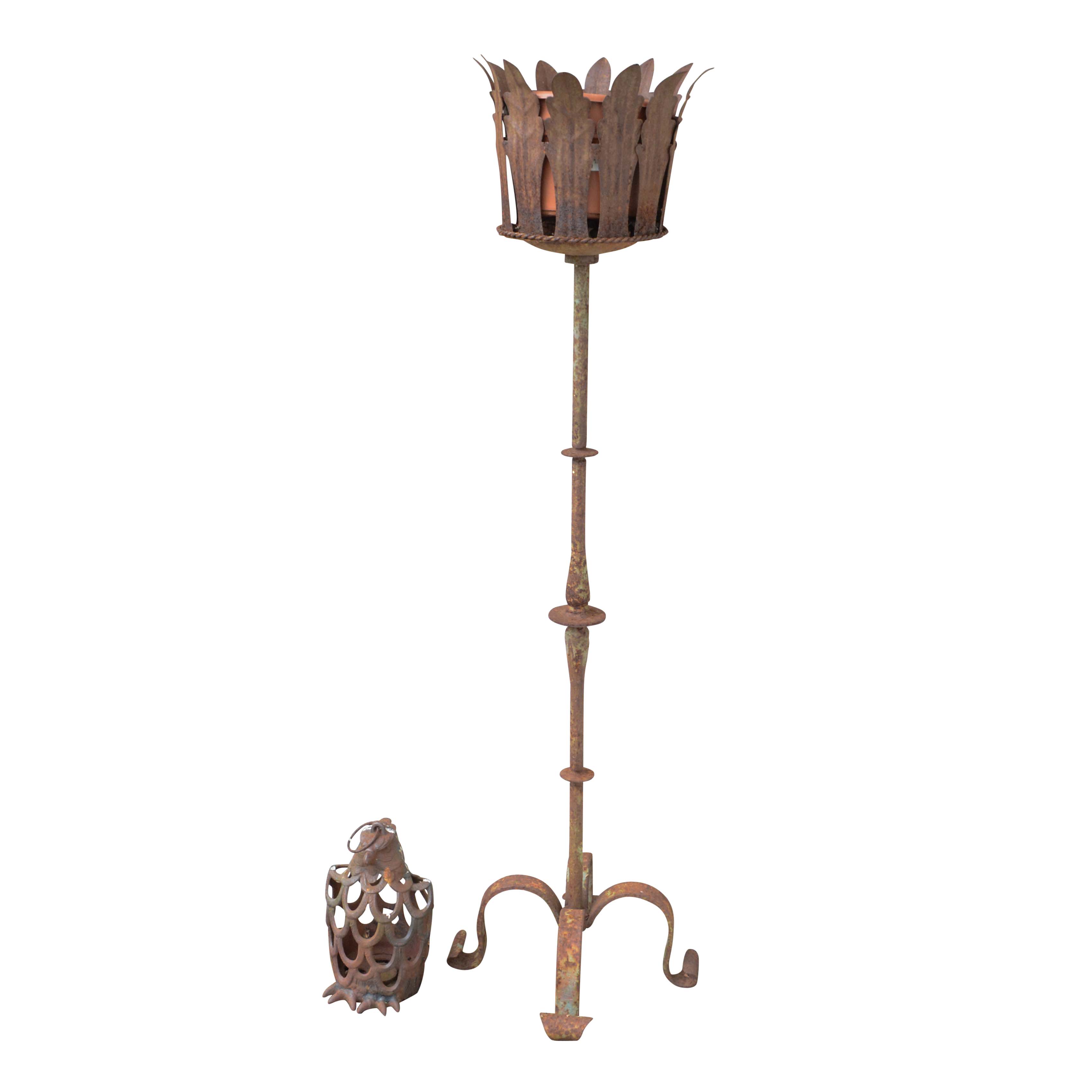 Cast Iron Foliate Themed Pedestal Plant Stand and Owl Shaped Candle Lantern