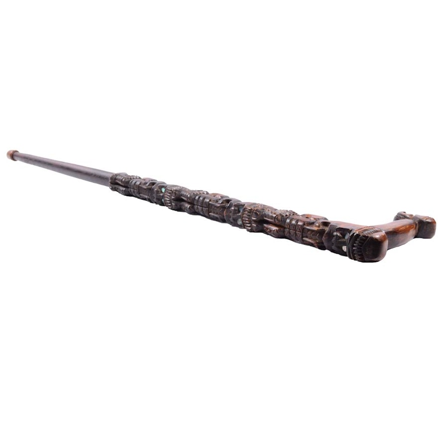 Indonesian Carved Cane with Mother of Pearl