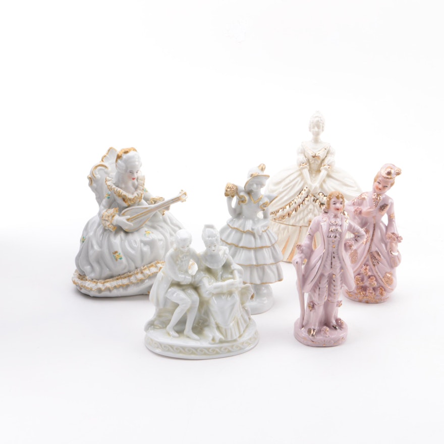 Victorian Style Ceramic Figurines and Trinket Box