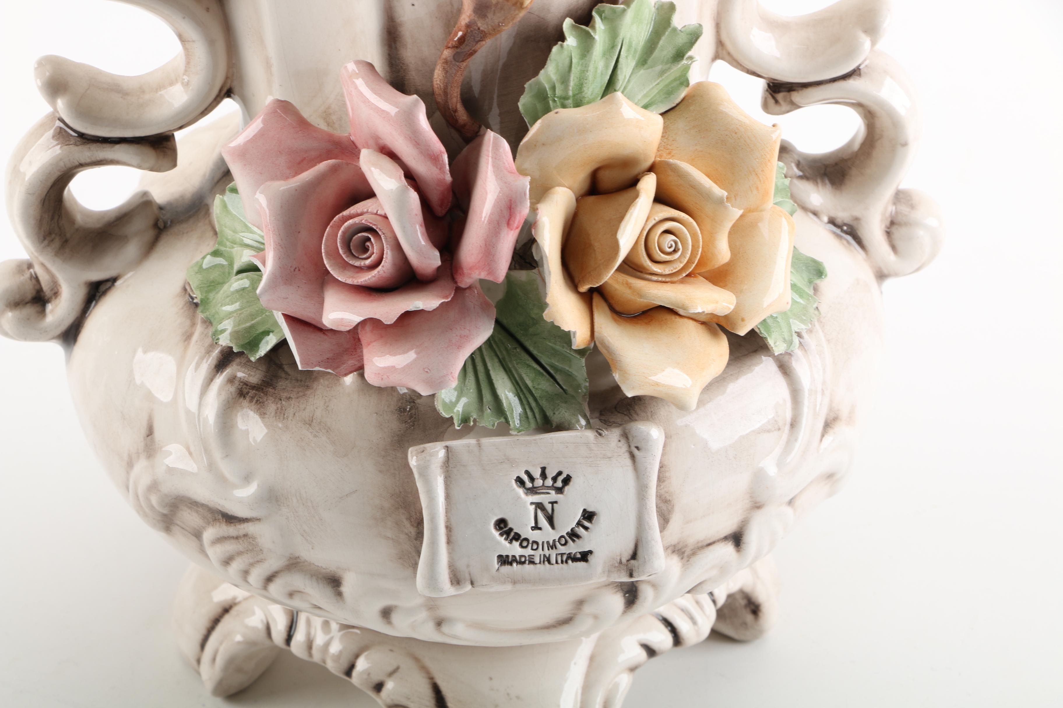 Capodimonte Porcelain Rose Themed Vase