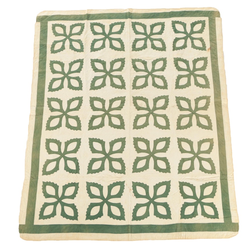 Vintage Handmade Green And White Applique Quilt