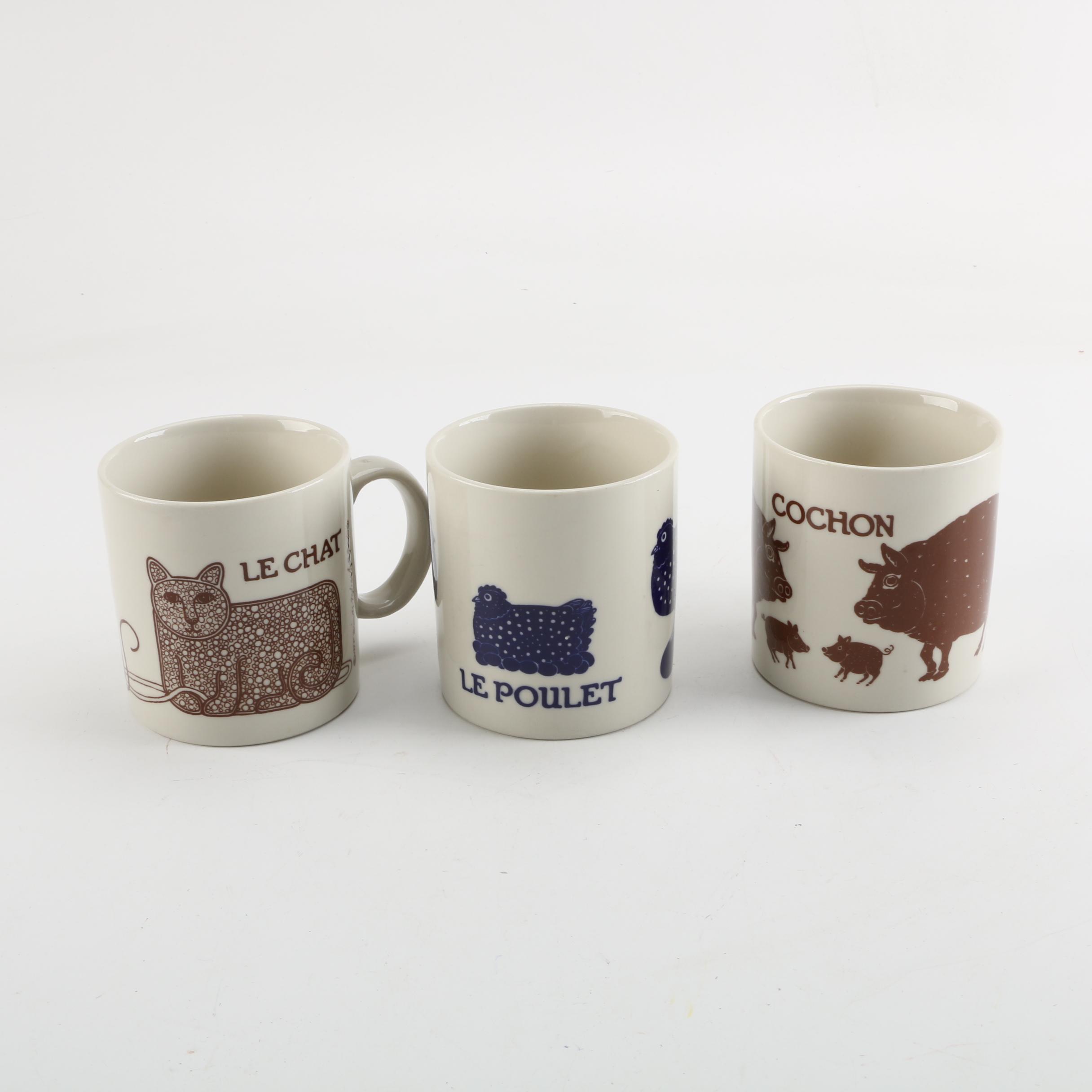 Taylor & Ng Chicken, Cat and Pig Coffee Mugs with French Text