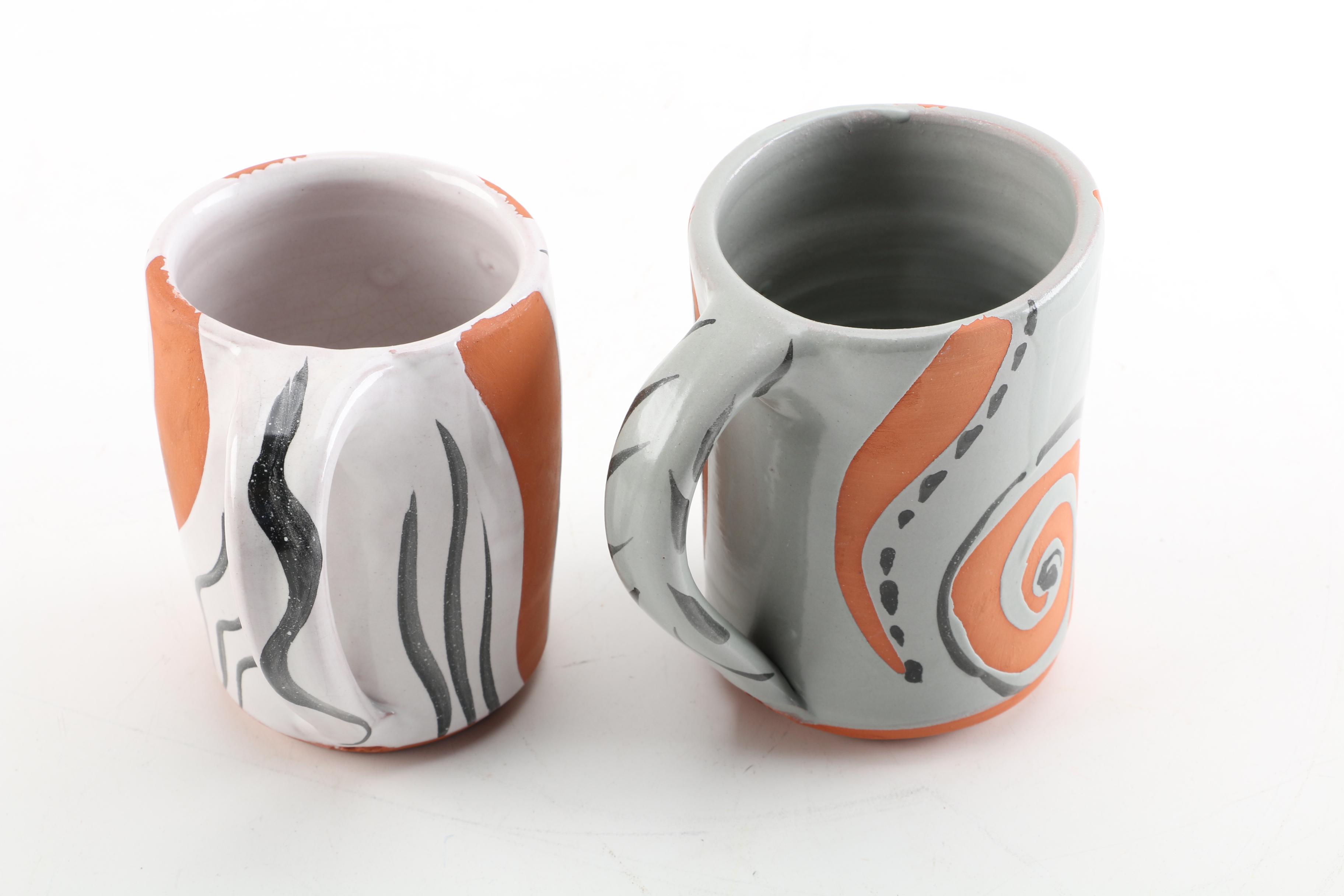 Signed Mary George Kronstadt Wheel Thrown Earthenware Mugs