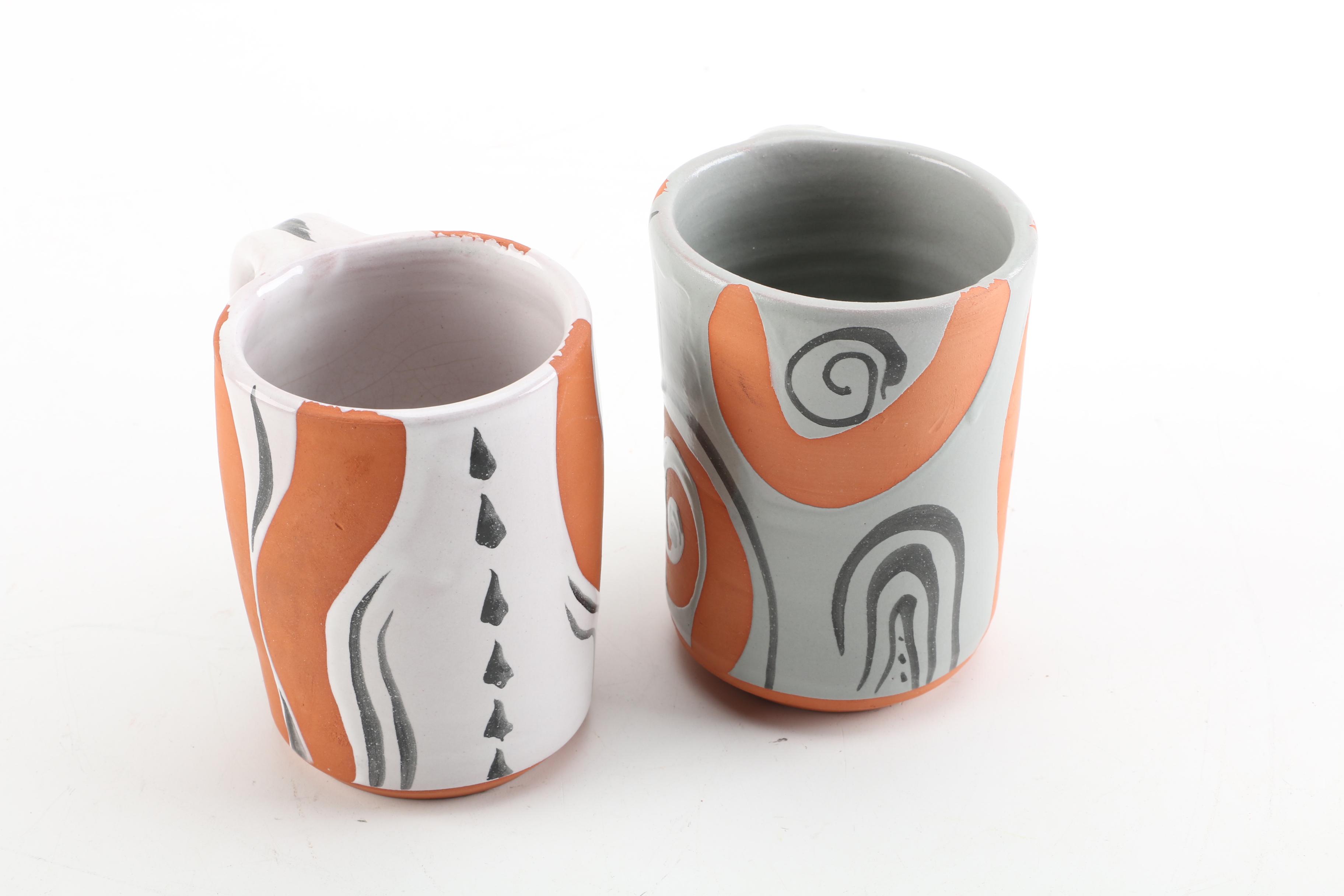 Signed Mary George Kronstadt Wheel Thrown Earthenware Mugs